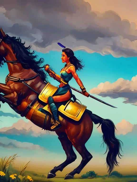 Create a digital painting in the Surrealist and Hyperrealist style, with a touch of fantasy of a female warrior character riding a horse