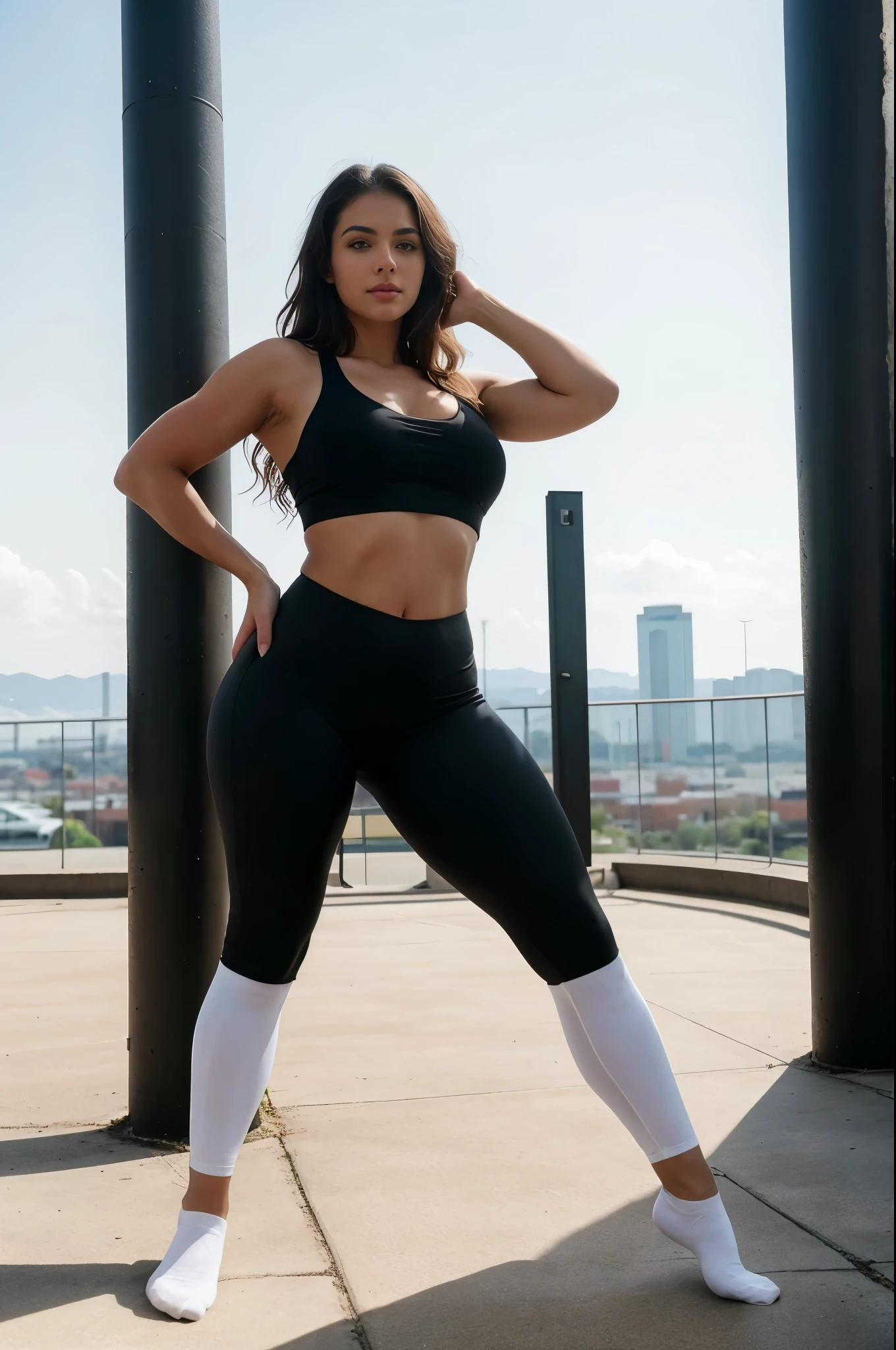 Sexy fit brunete in skintight coalblack leggings and white socks, Full body shot, skintight crop-top, 1,8 Meter tall, seductive pose, leggins, Barefoot, white socks, sexiest legs ever, Nikon Z 85mm,((best quality)), ((​masterpiece)), ((realistic)), Fitness-Influencer, black wavy hair, she shows her toned body, strong curvy body,flexing Legs and calves, Leg and calves Fokus, Hourglass figure, ,, seductive pose, complicated details, muito detalhado, keen focus, true life, ultra realisti, Photo-realism, fotografia, 8K  UHD,  analog photography, ((best quality)), ((masterpiece)), ((realistic)), god rays, photorealistic, wide angle, realistic, photorealism, 8k uhd, 32k