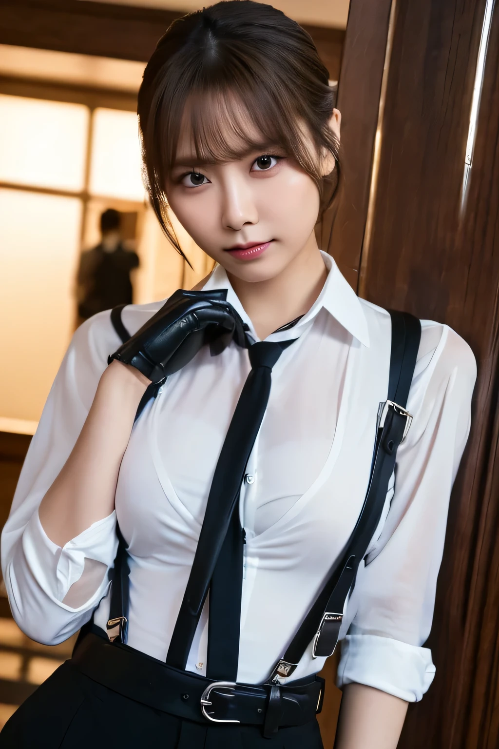 a woman in a suit, belt, hands behind back, sweating, suspenders, black pants, sexly, large breasts, see-through clothing, rain, detective, office worker, white button-up shirt, (best quality,4K,8k,highres,masterpiece:1.2),ultra-detailed,(realistic,photorealistic,photo-realistic:1.37),hyper-detailed,highly detailed face and body, Slender thin suspenders Moderate breasts See-through shirt Nipples holster chain Pistol Armament criminal Female criminal knife Hands Behind Back Constraints