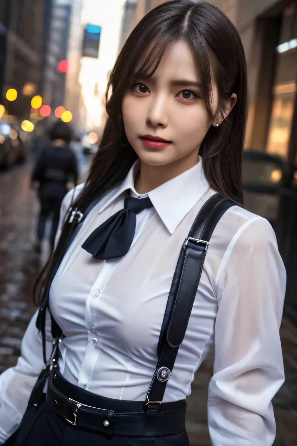 a woman in a suit, belt, hands behind back, sweating, suspenders, black pants, sexly, large breasts, see-through clothing, rain, detective, office worker, white button-up shirt, (best quality,4K,8k,highres,masterpiece:1.2),ultra-detailed,(realistic,photorealistic,photo-realistic:1.37),hyper-detailed,highly detailed face and body, Slender thin suspenders Moderate breasts See-through shirt Nipples holster chain Pistol Armament criminal Female criminal knife Hands Behind Back Constraints