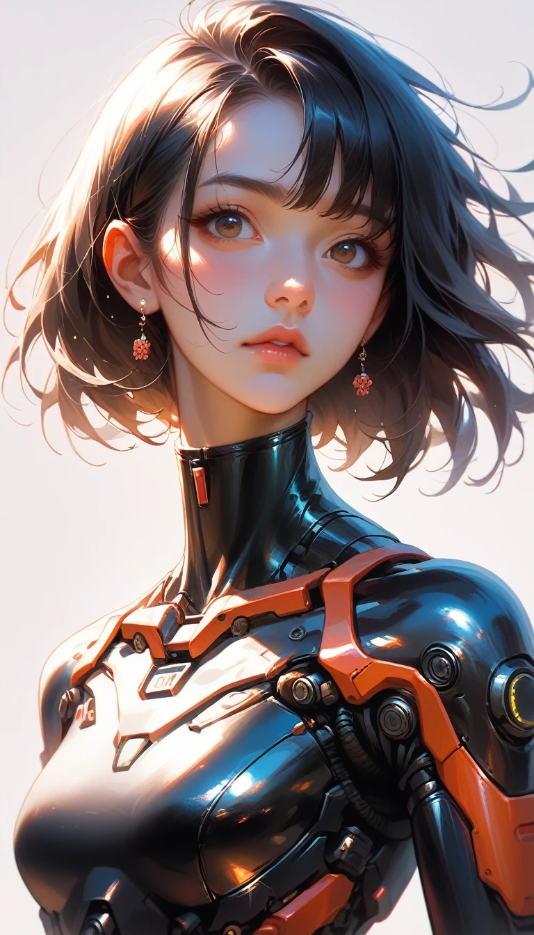 Tall beautiful woman with dark hair wearing highly realistic and detailed robotic armor, Upper body portrait、masterpiece, 最high quality, high quality, High resolution, Face close-up、Flame Background
