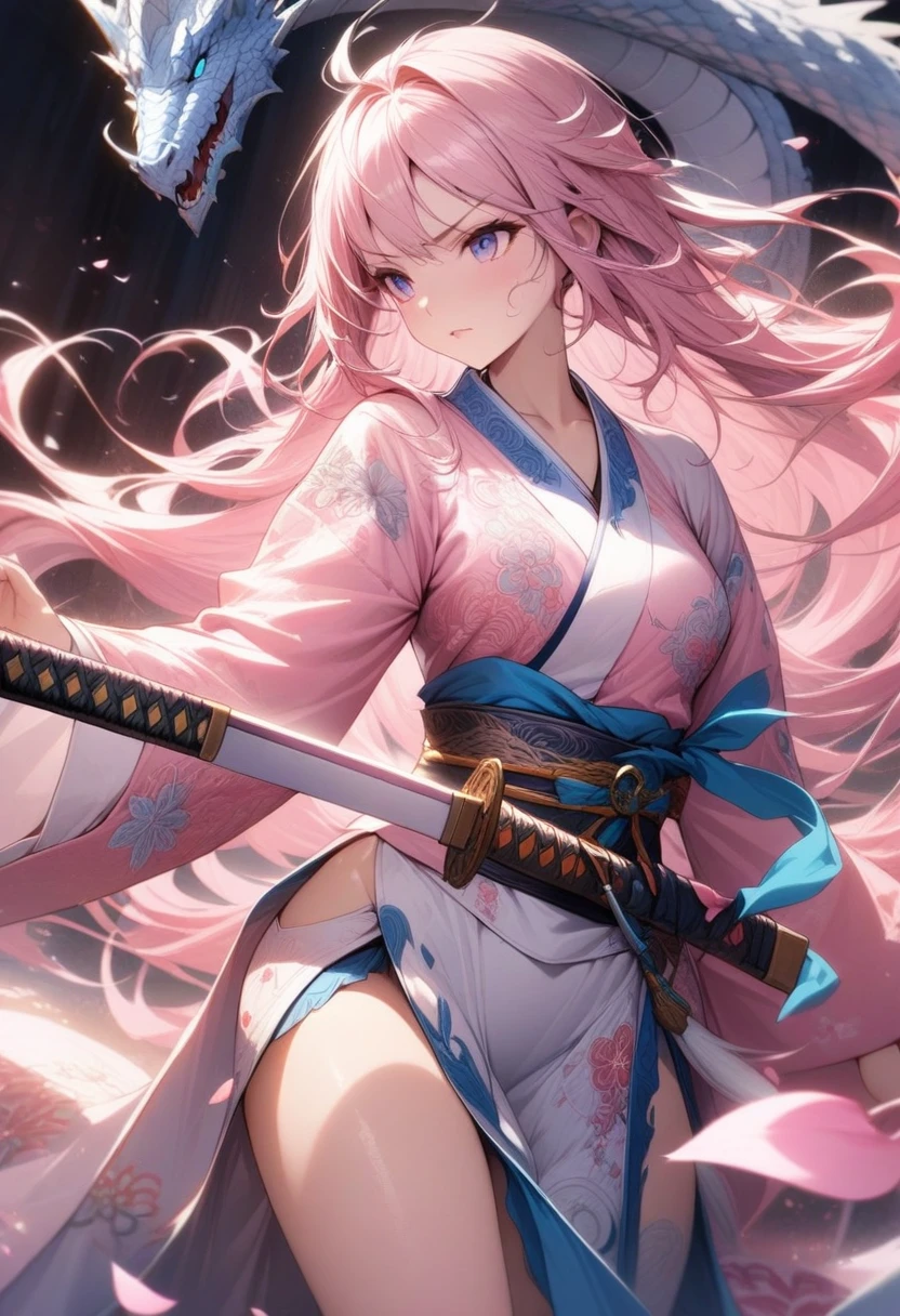 1girl,featuring a fantasy-themed character and a dragon,very long flowing hair,pink flower,white and pink kimono with floral patterns,intricate designs,holding a katana,determined expression,background showcases a majestic white dragon with blue accents coiled around her, floating pink petals, dynamic and ethereal atmosphere, (masterpiece), (best quality), (ultra-detailed), very aesthetic, illustration, disheveled hair, perfect composition, moist skin, intricate details