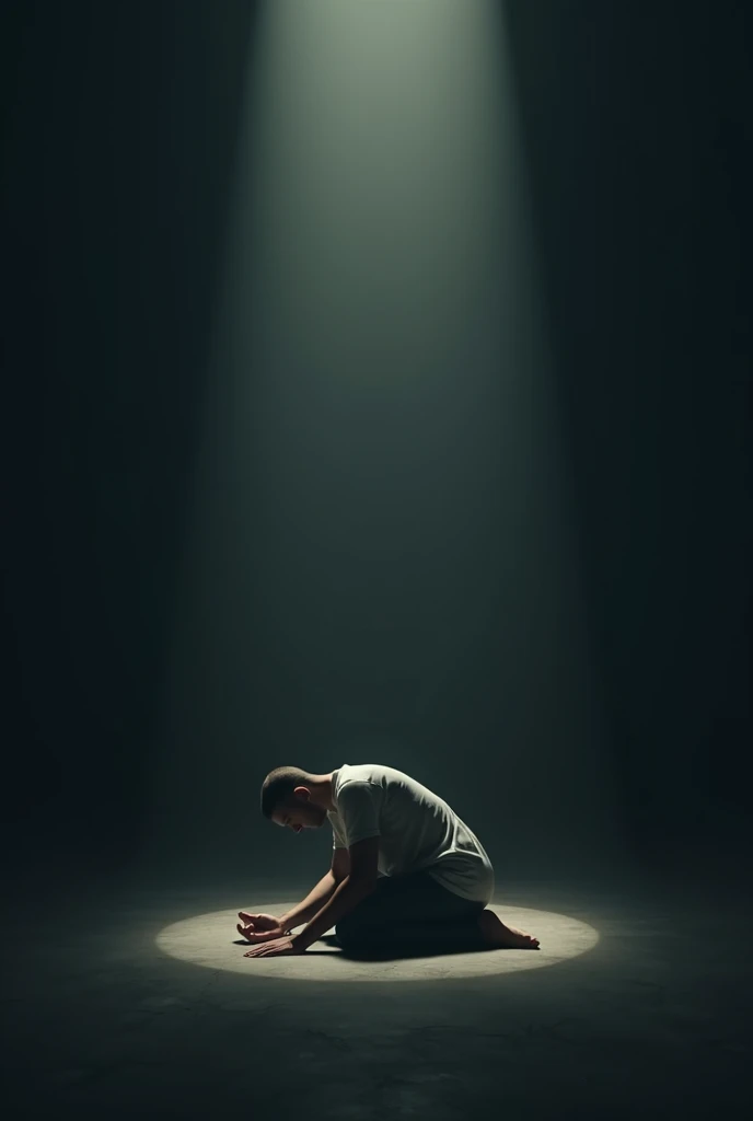 "A person kneeling in prayer in a small, dimly lit room, with hands clasped and eyes closed, a beam of light shining down on them from above, symbolizing a personal connection with God, ar 16:9"
