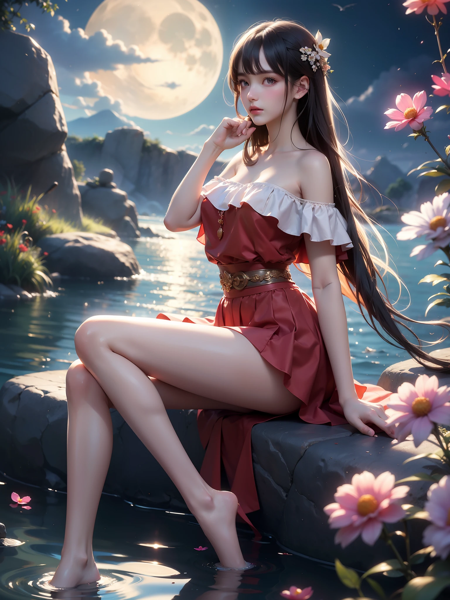 off-shoulder 比基尼
off-shoulder 比基尼, [insert color] 比基尼 , (High quality details), 1 Girl, solo, Young women, Elegant Posture, ((night, moonlight)), (Female figure，Lying in the water naturally，River Water，rock, Relaxed expression), (Focus on natural body posture and correct anatomy:1.3), (Perfect leg proportions:1.3)，(True and accurate leg shape:1.2), ((Natural leg position)), The skirt is very short, One hand stroked the hem of the skirt, Lift the hem of your skirt, Bare shoulders, Natural posture, Soft expression, Exquisite makeup, Soft blush, Bright Eyes, Soft lips, Flower fairy style, ((Anatomically accurate)), (Real natural legs), Smooth skin, Soft lighting, high resolution, 8K Ultra HD, Clear focus, Professional photography effects, Random elegant scenes, Multi-angle shooting