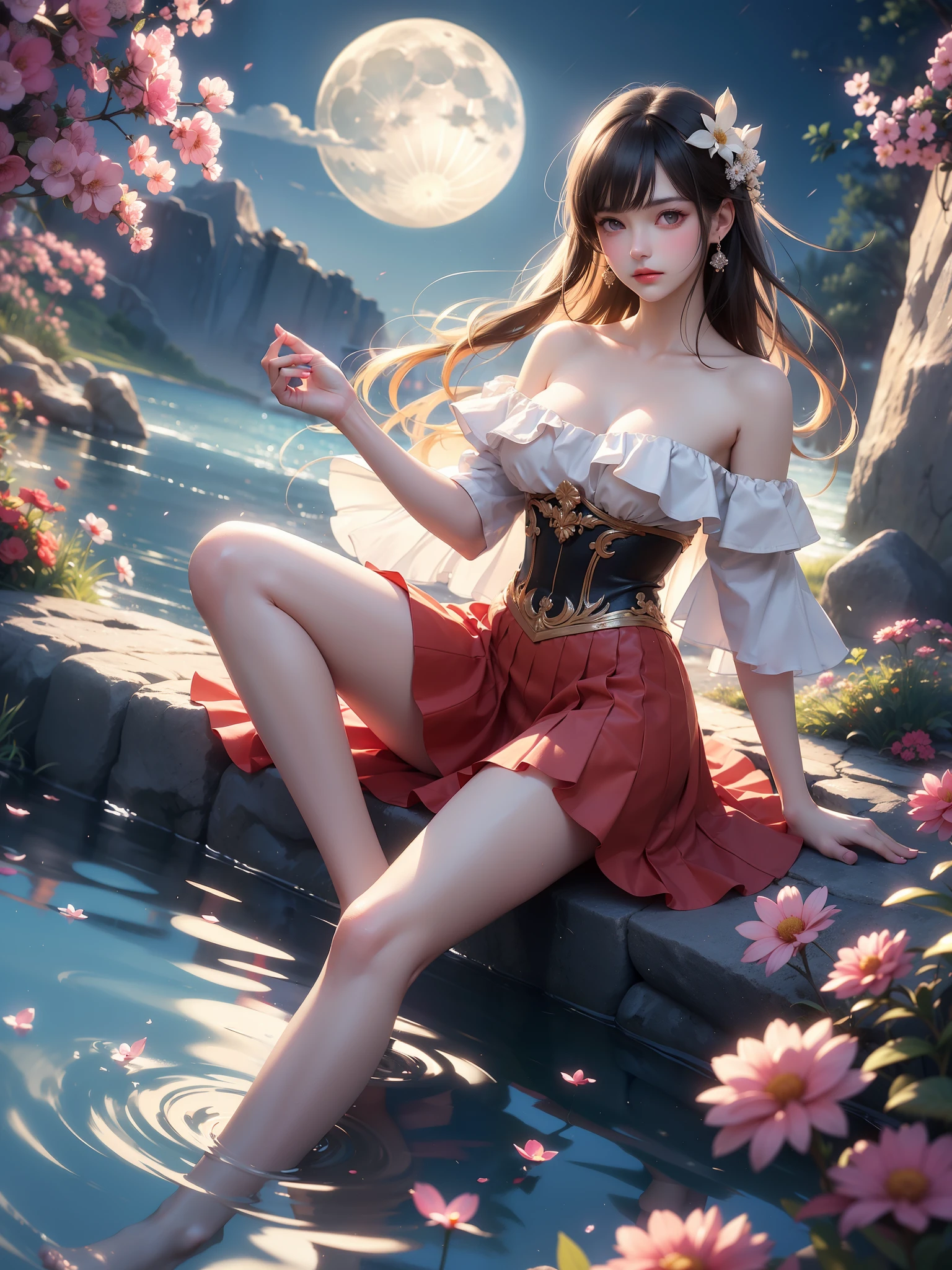 off-shoulder 比基尼
off-shoulder 比基尼, [insert color] 比基尼 , (High quality details), 1 Girl, solo, Young women, Elegant Posture, ((night, moonlight)), (Female figure，Lying in the water naturally，River Water，rock, Relaxed expression), (Focus on natural body posture and correct anatomy:1.3), (Perfect leg proportions:1.3)，(True and accurate leg shape:1.2), ((Natural leg position)), The skirt is very short, One hand stroked the hem of the skirt, Lift the hem of your skirt, Bare shoulders, Natural posture, Soft expression, Exquisite makeup, Soft blush, Bright Eyes, Soft lips, Flower fairy style, ((Anatomically accurate)), (Real natural legs), Smooth skin, Soft lighting, high resolution, 8K Ultra HD, Clear focus, Professional photography effects, Random elegant scenes, Multi-angle shooting