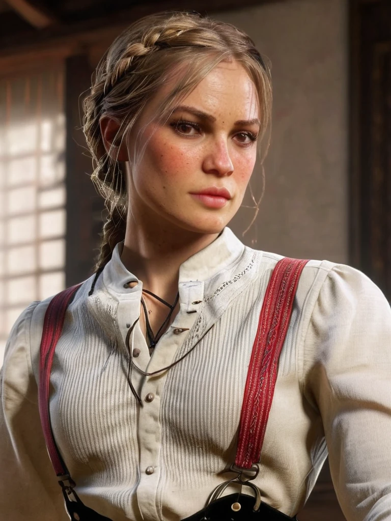 a girl in a white wool blouse, pawn, braided short blonde hair, 1girl, solo, upper body, arms up, red dead redemption style, highwaist black wool pants with suspenders, tight belt, attractive sadieadler, slim lips, slim nose, sparse eyebrows, small breasts, (best quality,4k,8k,highres,masterpiece:1.2),ultra-detailed,(realistic,photorealistic,photo-realistic:1.37),extremely detailed eyes and face,longeyelashes,dramatic lighting,cinematic,intricate,hyper realistic,warm color tones, attractive slim nose