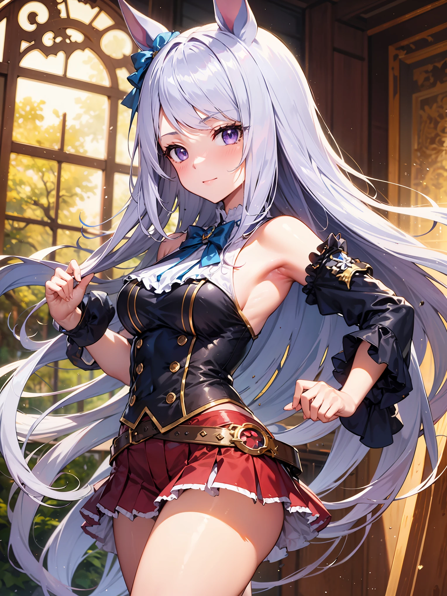 Armpit Show,((masterpiece), (最high quality)) One girl, Mejiro McQueen, Mejiro McQueen\(Umamusume\), Silver Hair, Long Hair, Horse's ears, Horse Girl,, gloves, dress, Cleavage, [Bare shoulders, clavicle, white oprea gloves, white gloves, white dress, Strapless, White choker, Tiara, Veil, Strapless dress, wedding dress, bridal Veil, Beautiful woman, Perfect body, Perfect breasts, wearing a wedding dress, Night dress, Park trees々among, Wedding decorations, ["Gazing at the viewer, smile, realism, masterpiece, Textured skin, Super detailed, Attention to detail, high quality, 最high quality, 1080P,View your viewers,Mejiro McQueen,Horse Girl,Birthday: April 3,Height 159,B71W54H76,Voiced by Saori Onishi,A young lady born into the prestigious Mejiro family。Her elegant yet unassuming personality and dignity、他のHorse Girlの羨望の的である。His talent as a long-distance runner is top-notch.、A special race for the Mejiro family『Emperor's Cup』The first priority is to win。On weekends, the family enjoys afternoon tea together.。