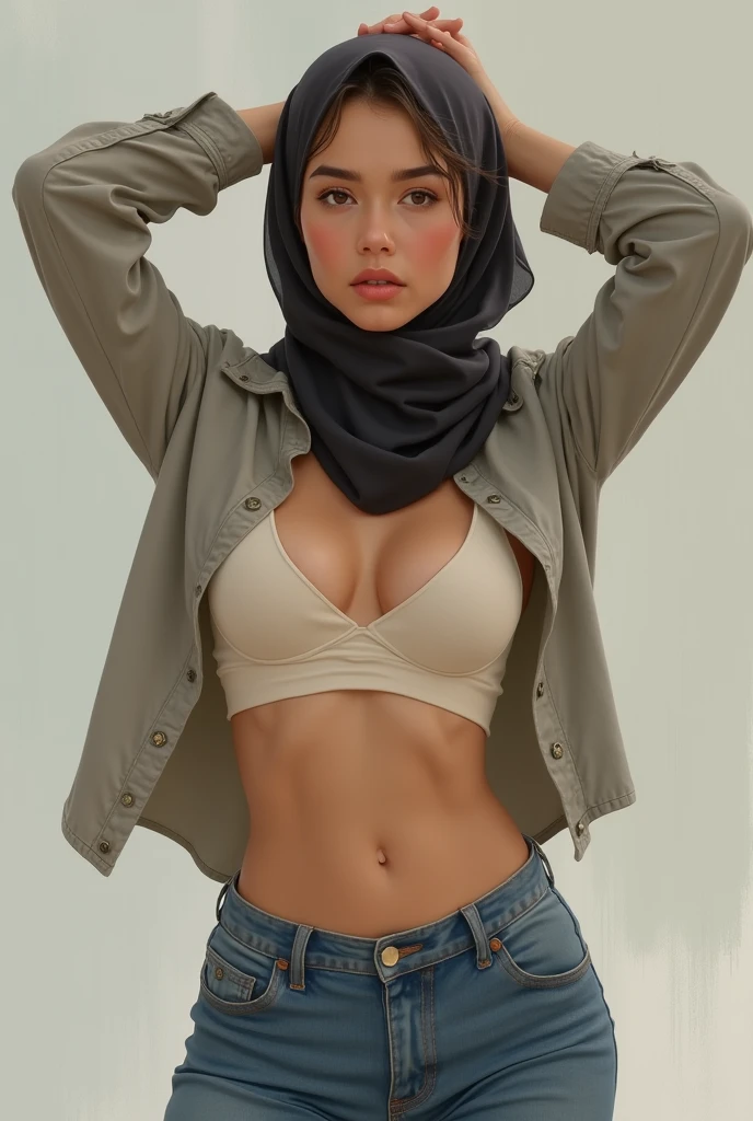 Draw a picture of a Muslim woman with and no outerwear