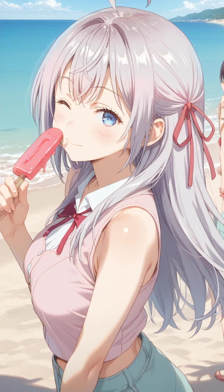 kissing Melted popsicle,Wink, score_9, score_8_up, score_7_up, source_アニメ, masterpiece, absurdres, medium breasts, mature woman ,perfect face, 1girl, cute expression, smiling, looking at viewer, standing, arched back, beach, alisamikhailovna, Alisa Mikhailovna Kujou, long hair, bangs, Blue eyes, ahoge, gray hair, red ribbon, red bikine