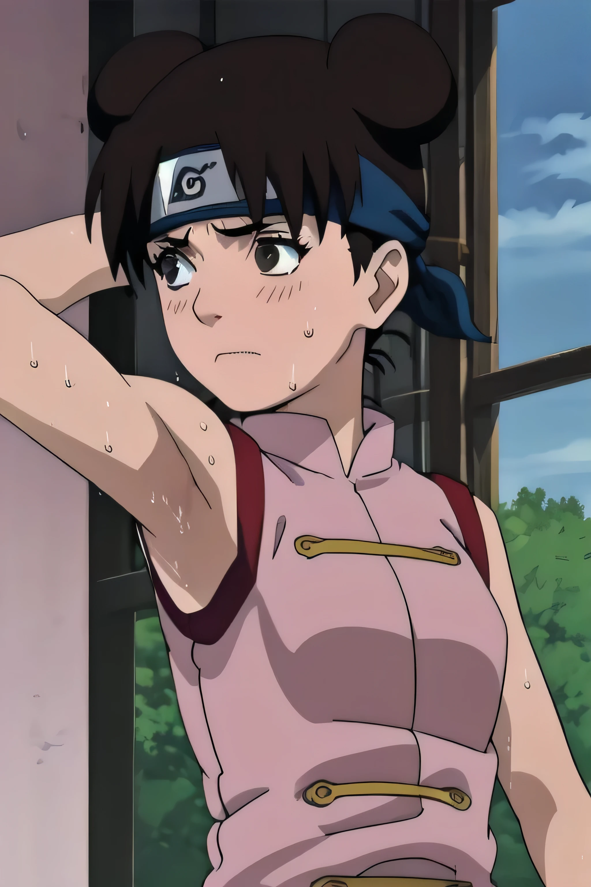 Tenten,solo,armpits,wet armpits, showing wet armpits, armpit,armpits,sweat,sweaty,sweaty armpits,awesome armpits,tired,exhausted,arms up,arm warmers,sleeveless, moderately sized breasts