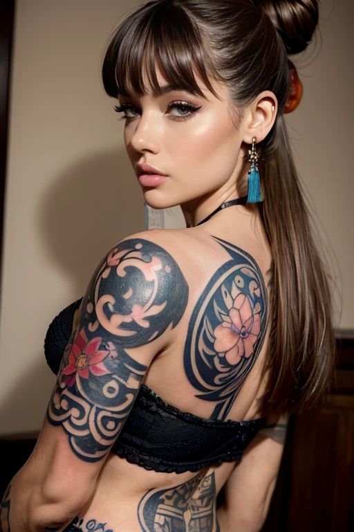 (masterpiece best quality:1.4),1girl, (tattoo of chinese text:1.5), solo, hair flowers, long hair, blue eyes, looking at viewer, medium breast, tattoo, black hair, tassel, bare shoulders, mecha, bangs, upper body, earrings, indoors, nape, off shoulder, jewelry, eyelashes, lips, profile, hair bun, piercing, single hair bun,