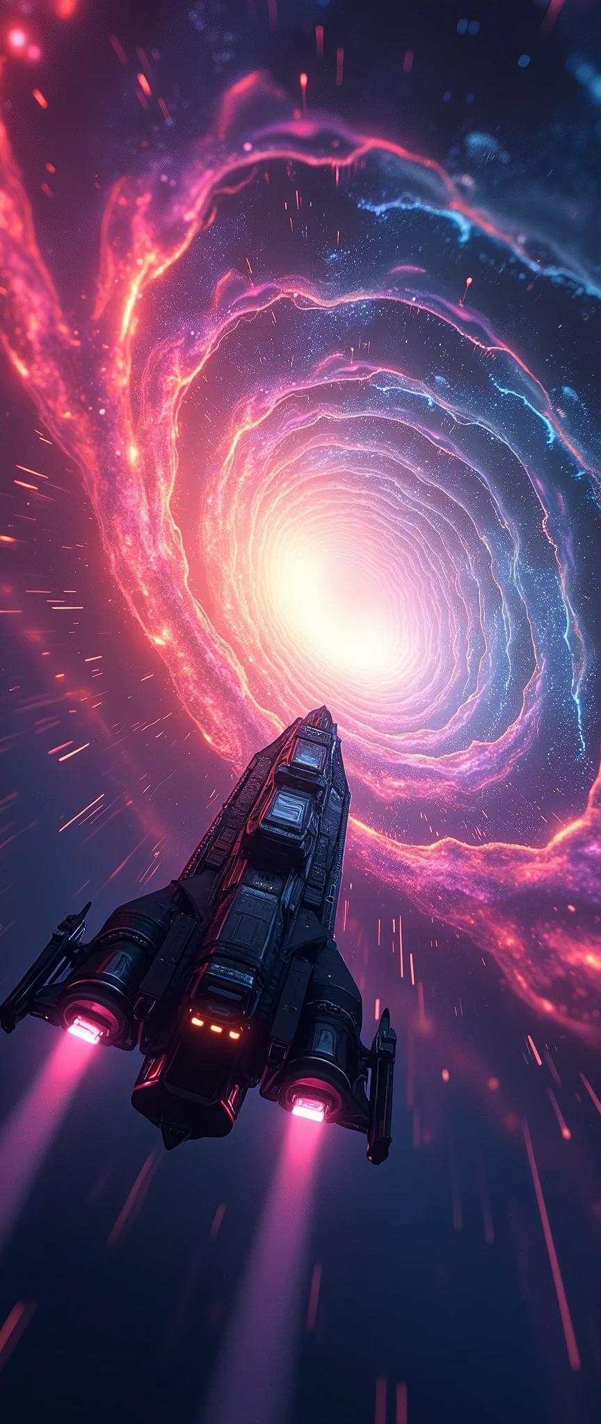 (masterpiece:1.2,Highest quality,mirror-like,Cinematic Experience,Very detailed,The best illustrations),8k,wallpaper,Vector art,Amazingly colorful,(A miniature universe is traveling at warp speed:2.0),(Rear view of a small spacecraft:2.0),(The background is a colorful light gradient wormhole made up of countless light lines.:2.0),Vibrant colors,Beautiful colors,Vector illustration,(Colorful gradient:2.0)