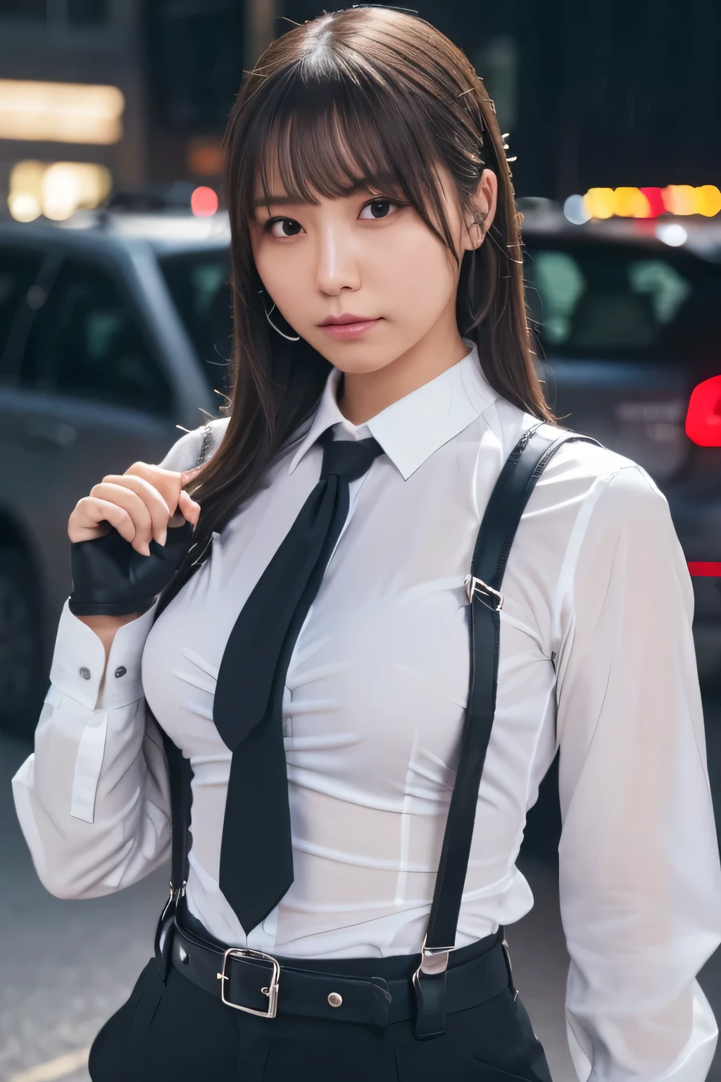 a woman in a suit, belt, hands behind back, sweating, suspenders, black pants, sexly, large breasts, see-through clothing, rain, detective, office worker, white button-up shirt, (best quality,4K,8k,highres,masterpiece:1.2),ultra-detailed,(realistic,photorealistic,photo-realistic:1.37),hyper-detailed,highly detailed face and body, Slender　thin　suspenders　Moderate breasts　See-through shirt　Nipples　holster　chain　Pistol　Armament　criminal　Female criminal　knife 　 Hands Behind Back　Constraints
