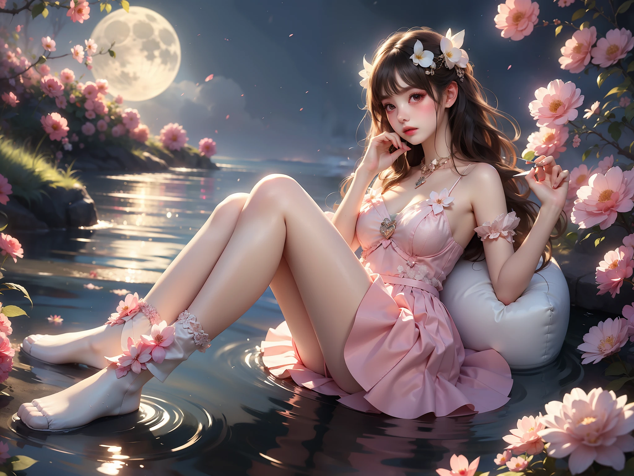 jirai kei, , (High quality details), 1 Girl, solo, Young women, Elegant Posture, ((night, moonlight)), (Female figure，Lying in the water naturally，River Water，rock, Relaxed expression), (Focus on natural body posture and correct anatomy:1.3), (Perfect leg proportions:1.3)，(True and accurate leg shape:1.2), ((Natural leg position)), The skirt is very short, One hand stroked the hem of the skirt, Lift the hem of your skirt, Bare shoulders, Natural posture, Soft expression, Exquisite makeup, Soft blush, Bright Eyes, Soft lips, Flower fairy style, ((Anatomically accurate)), (Real natural legs), Smooth skin, Soft lighting, high resolution, 8K Ultra HD, Clear focus, Professional photography effects, Random elegant scenes, Multi-angle shooting