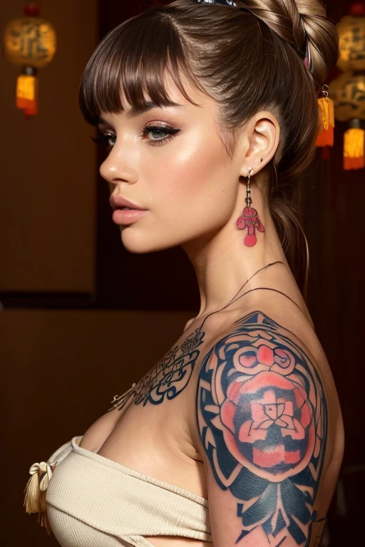 (masterpiece best quality:1.4),1girl, (tattoo of chinese text:1.5), solo, hair flowers, long hair, blue eyes, looking at viewer, medium breast, tattoo, black hair, tassel, bare shoulders, mecha, bangs, upper body, earrings, indoors, nape, off shoulder, jewelry, eyelashes, lips, profile, hair bun, piercing, single hair bun,