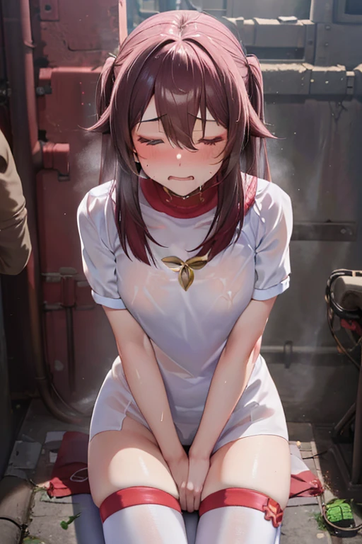 (best quality), (masterpiece, realistic), high res, all detailed, perfect anatomy, (two side up), (red dress, pencil miniskirt, breastplate, shoulders armor, shoulders cloak), medium cleavage, black thigh-highs, (injury skin, scar skin, bleeding skin, torn clothes:1.2), BREAK NSFW, solo, 1girl, (kneeling), (embarrassed, crying, tears:1.18), sigh, blush, sweat, saliva trail, (outdoors, street, stone flooring), cinematic lighting, diffraction spikes, zettai ryouiki, 
