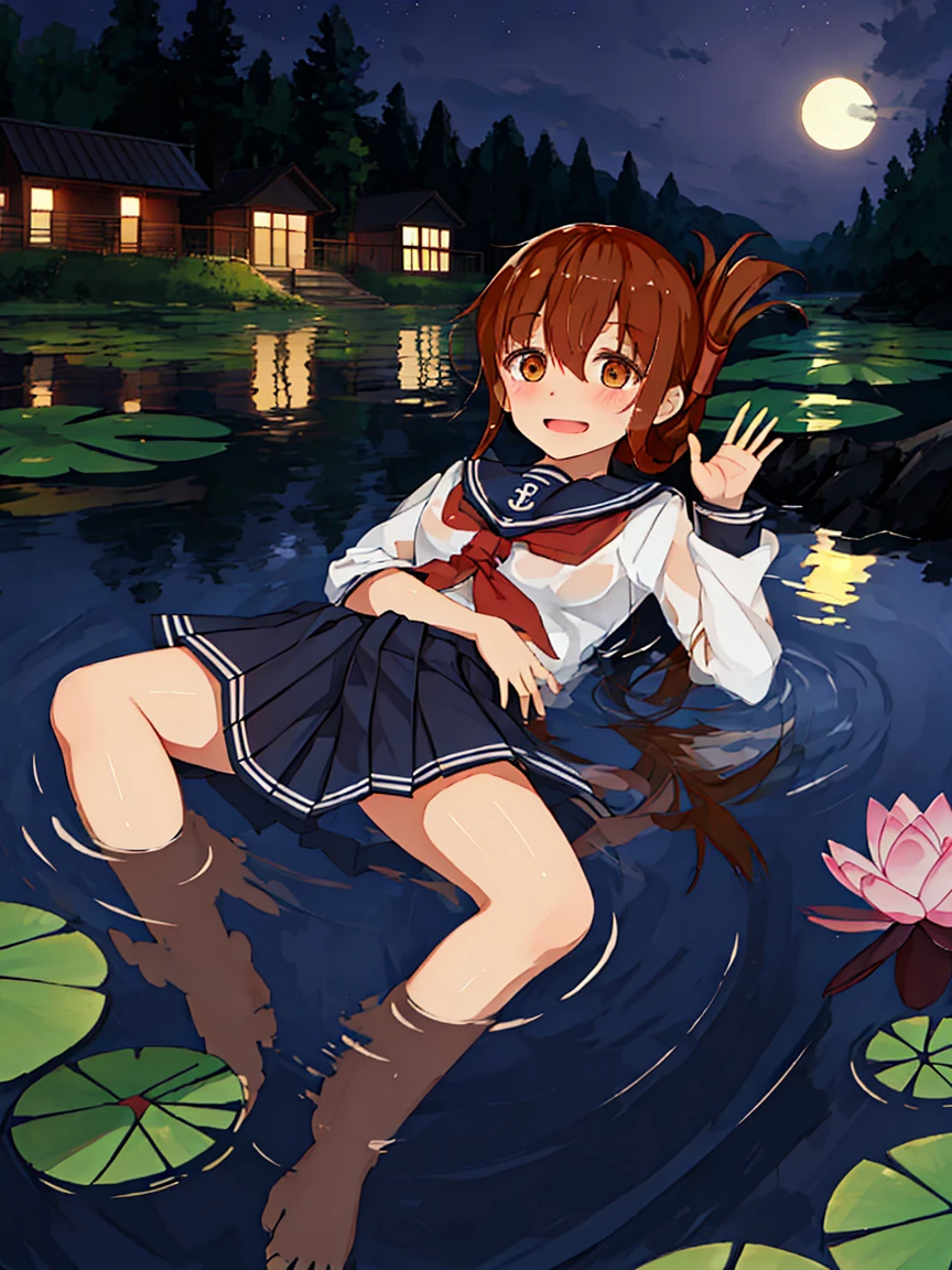 Portrait, official art, best masterpiece, best quality, best resolution, 8K, best detailed, highly detailed mouth, highly detailed eyes, perfect anatomy
BREAK
wading, flow of water, spread legs, pov, (lying, on back, lie on own back), (put hand on breast:1.3)
BREAK
wet and see-through
BREAK
barefoot, (inazuma_kantaicollection), brown_hair, folded_ponytail, brown_eyes,long_hair, anchor_symbol, black_skirt, long_sleeves, neckerchief, pleated_skirt, red_neckerchief,  serafuku, sailor_collar, school_uniform, skirt, black_sailor_col, (very small breasts), (child_like build, short stature:1.2), solo, 1small girl
BREAK
(happy), (blush:1.2), shysmile, close your mouth
BREAK
(pond, water surface), (Water Lily), (night, midnight, darkness:1.3), very fine and detailed 16KCG wallpapers