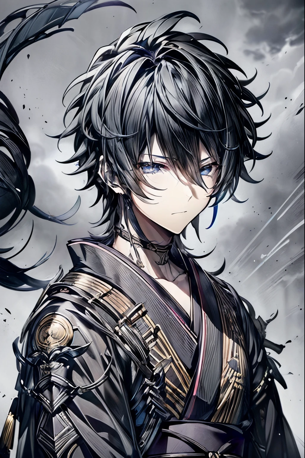 (masterpiece, best quality, perfect face, expressive eyes), 1boy, (male), black hair, blue eyes, (black kimono), black japanese armor, blue streaks,  lightning motifs, cloud motifs, storm motifs,, intricate details, detailed, adult, fantasy, cinematic lighting, dramatic shadows, vibrant colors, digital painting, concept art, black shirt,