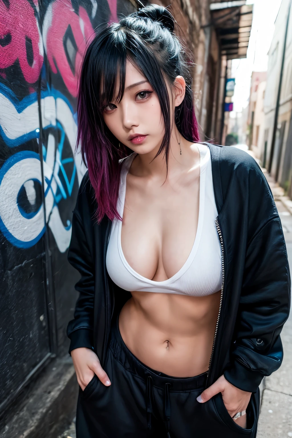 Moisturized skin, (bright gradient eyes), perfect body,
BREAK,
(beautiful navel), (kunoichi), (ninja), (sexy costume: 1.1), (kunai), (black leather), fishnet, (fishnet stockings), (blushing: 1.3), black clothes, shy,
BREAK,
(long silky light lavender hair: 1.3), (long bangs at the end: 1.2),
BREAK,
((masterpiece + highest quality + high resolution + highly detailed)), (full body: 1.2), symmetrical, one shot,
BREAK,
(city street), (wind blowing: 1.5),
BREAK,
(Kasumi Arimura: 1.4),(Hinata Hinata: 1.3), elegant,