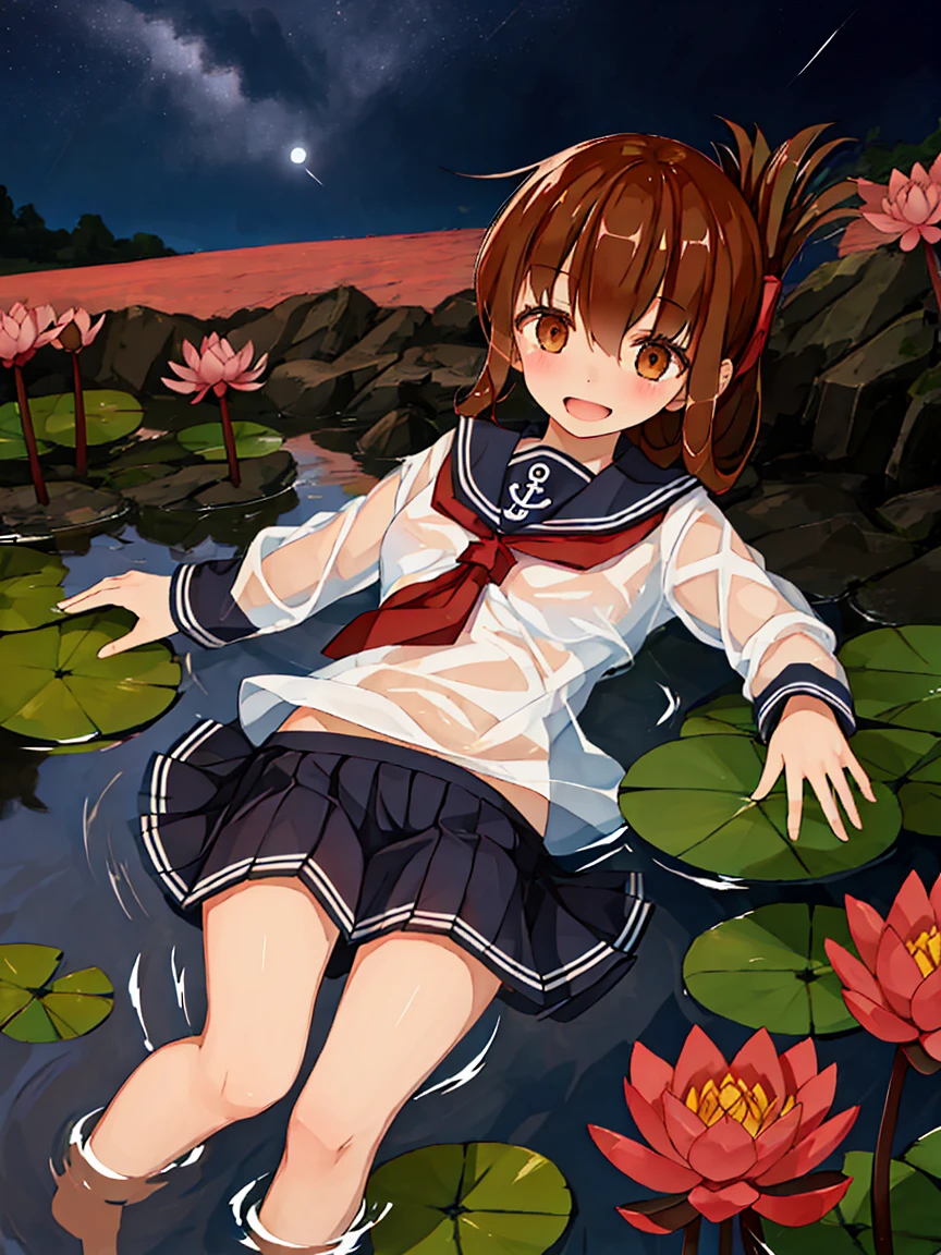 Portrait, official art, best masterpiece, best quality, best resolution, 8K, best detailed, highly detailed mouth, highly detailed eyes, perfect anatomy
BREAK
wading, flow of water, spread legs, pov, (lying, on back, lie on own back), (put hand on breast:1.3)
BREAK
wet and see-through
BREAK
barefoot, (inazuma_kantaicollection), brown_hair, folded_ponytail, brown_eyes,long_hair, anchor_symbol, black_skirt, long_sleeves, neckerchief, pleated_skirt, red_neckerchief,  serafuku, sailor_collar, school_uniform, skirt, black_sailor_col, (very small breasts), (child_like build, short stature:1.2), solo, 1small girl
BREAK
(happy), (blush:1.2), shysmile, close your mouth
BREAK
(pond, water surface), (Water Lily), (night, midnight, darkness:1.3), very fine and detailed 16KCG wallpapers