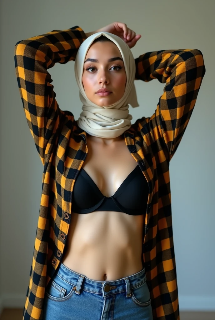 a beautiful young woman wearing a hijab, bare-chested with very short trousers, her curves clearly visible, an 18-year-old Indonesian woman with a facial expression holding back pleasure, detailed face and features, photorealistic, high quality, dramatic lighting, cinematic, intricate details