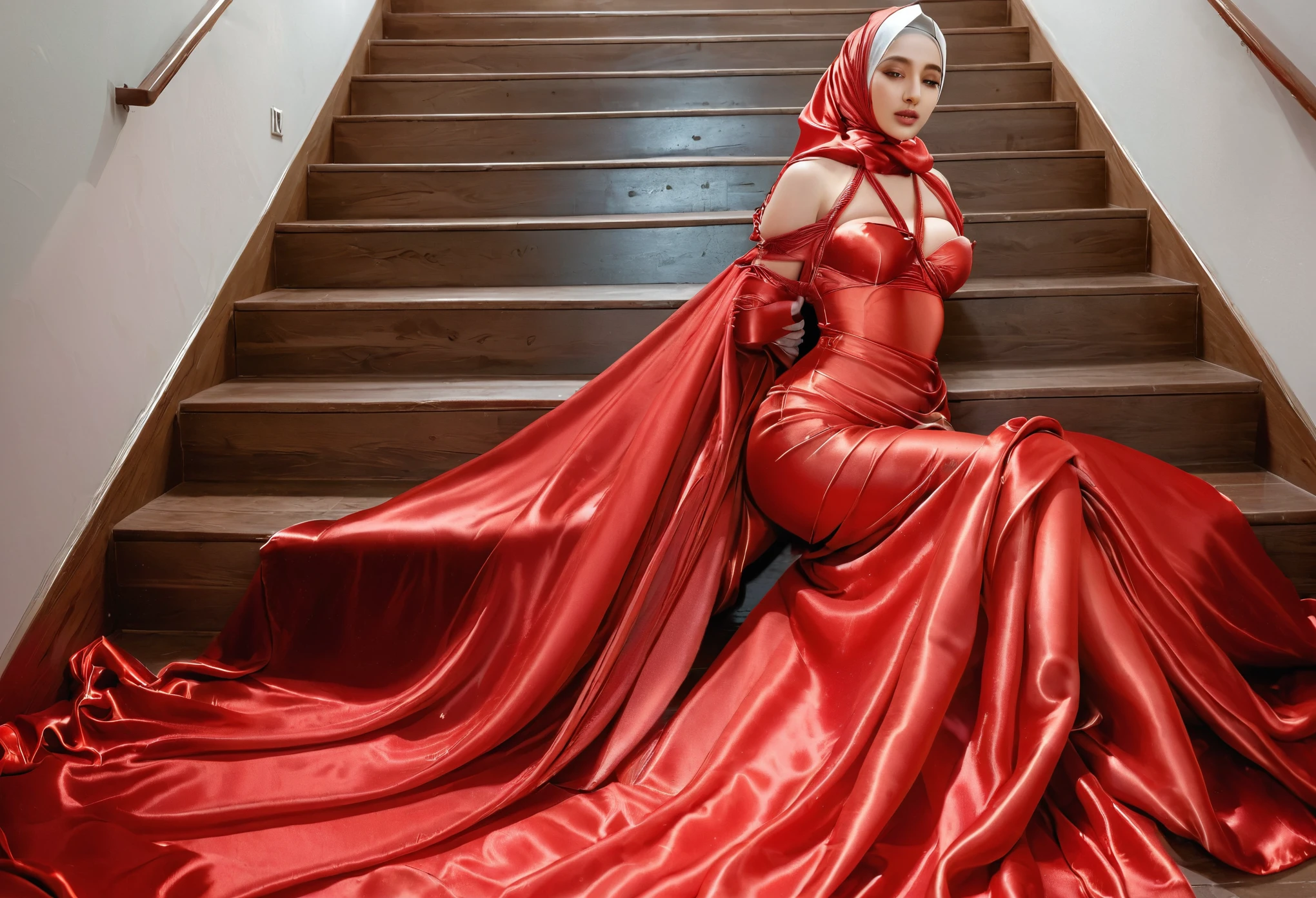 a beautiful woman in the silk red sack, mummified, tight full body tied, satin sheet, nipple on, tight satin tied, satin hijab, full body, long satin,mermaid tight long gown, high heels, detail face, full detail and beauty asian face,tall women, high definition detail body, high definition detail face, standing position with dramatic flowy dress, strugling to walk, super sexy, dramatic long dress, High Detail, Sharp focus, dramatic long gown, full body photo, Ithlinni