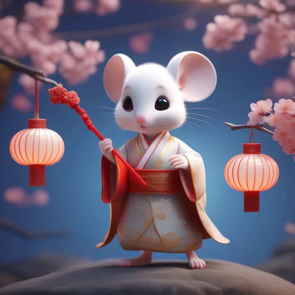 Little white mouse wearing soft Tang Dynasty Hanfu, Super cute, Film lighting, intricate filigree design, Pixar style, Personification, Holding a big red lantern, big eyes, Smile, Peach Blossom, flow, charming, immortal, hairy, shiny bristles, leaf, fairy tale, Unreal Engine 5 and Octane Rendering, Extremely detailed, 4K, Hot Topics on Art Station, Gorgeous, Ultra wide angle, 4K – every 10 people:16 --test--video--upbeta