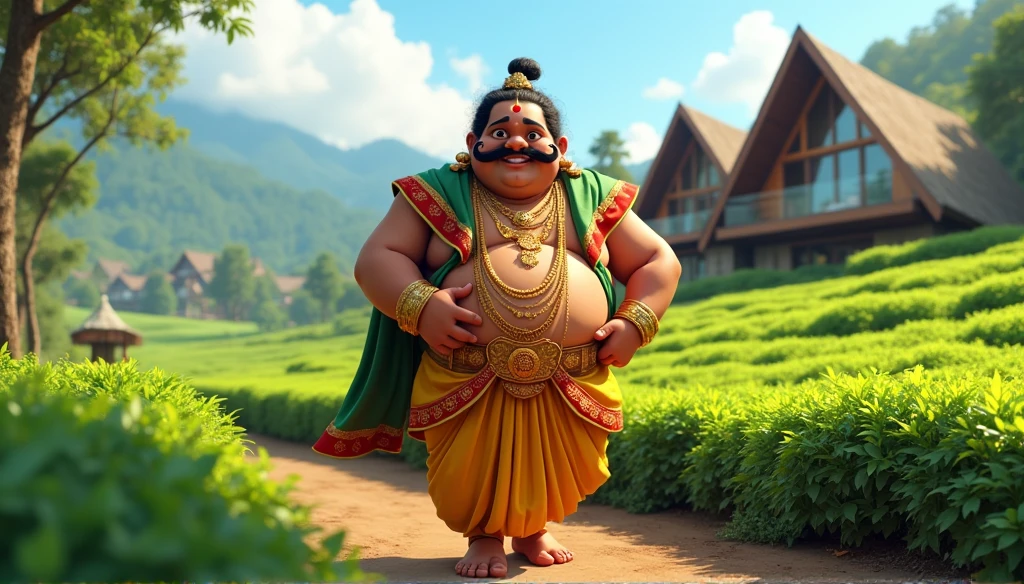 Create an image of Maveli, the Onam king, as a chubby man with only a prominent moustache and no beard. He should be wearing traditional attire, such as a richly embroidered dhoti and a crown. The background can include lush greenery and festive decorations, but the focus should be on his distinctive features and attire."