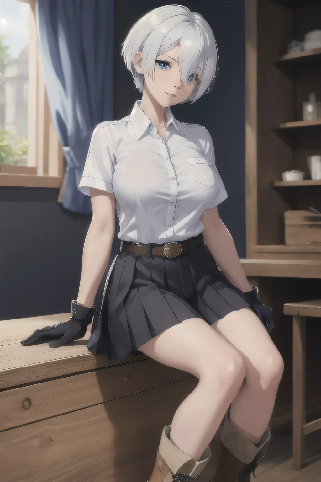 ((masterpiece)), (Best Quality), official art, Extremely detailed CG, 8k unit wallpaper, ultra detailed,
1 girl, Angel Kof, blue eyes, short hair, White hair, hair over one eye, big breasts, Gloves without fingers, Boots, cowboy Boots,
1 girl, (uniforme mathayom), White shirt, gran esvite, short sleeves, (Very short black pleated skirt) , belt,