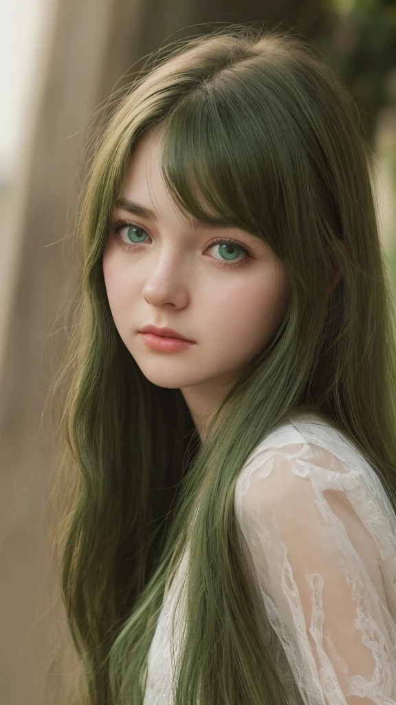 a girl. European. Extremely detailed face. Oval face. Delicate facial features. Half-closed eyes. Long straight hair. Messy hair. Bangs. Green hair. Green eyes. lewd expression. sad mood