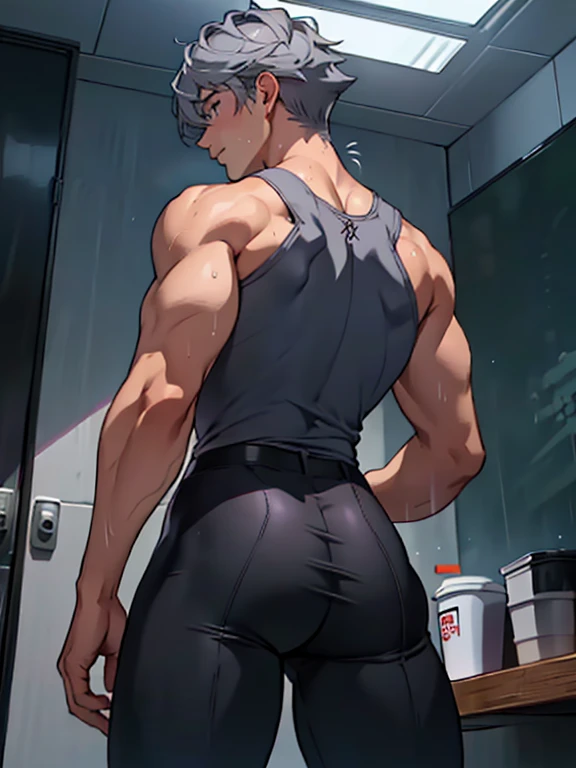 College boy, handsome boy, short black messy boy hair, orange eyes, black binder top, black mirco shorts, light smile, black shorts, muscular, ass, bent over, large thick ass, thick thighs looking back, looking at viewer, embarrassed, coffee shop, male character (1.0), flat chested, guy, boy, male character, not a girl, masculine face