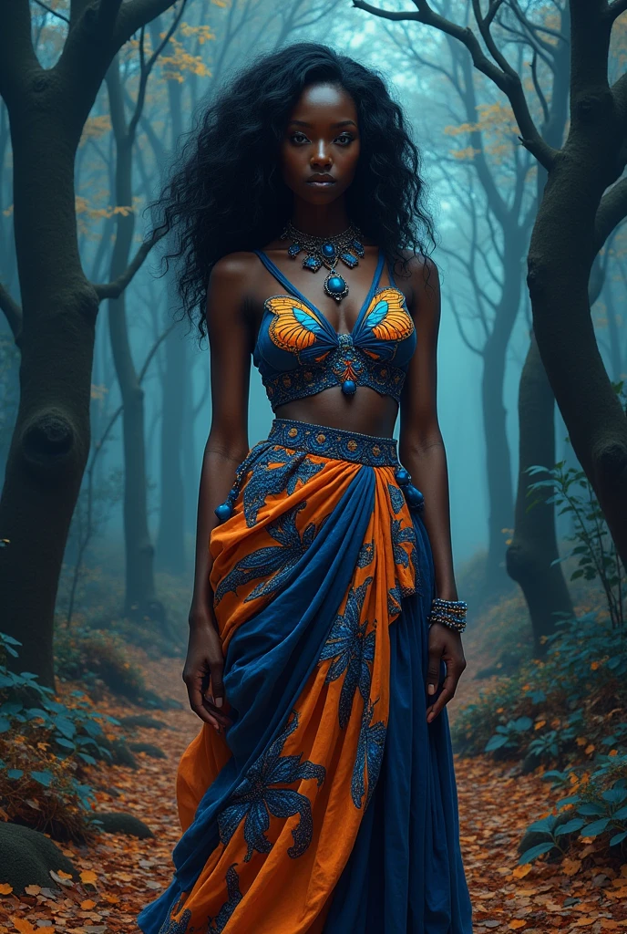 A high-definition, layered-style painting of a dark fantasy scene with a black woman as the focal point. The black woman has dark hair and piercing eyes. She wears a detailed butterfly-patterned outfit, including a top adorned with neon orange butterflies and a skirt with a blue and orange pattern. She also wears a blue and orange necklace. The background is a dark, mystical forest with tall, twisted trees. The ground is covered with orange and blue leaves.