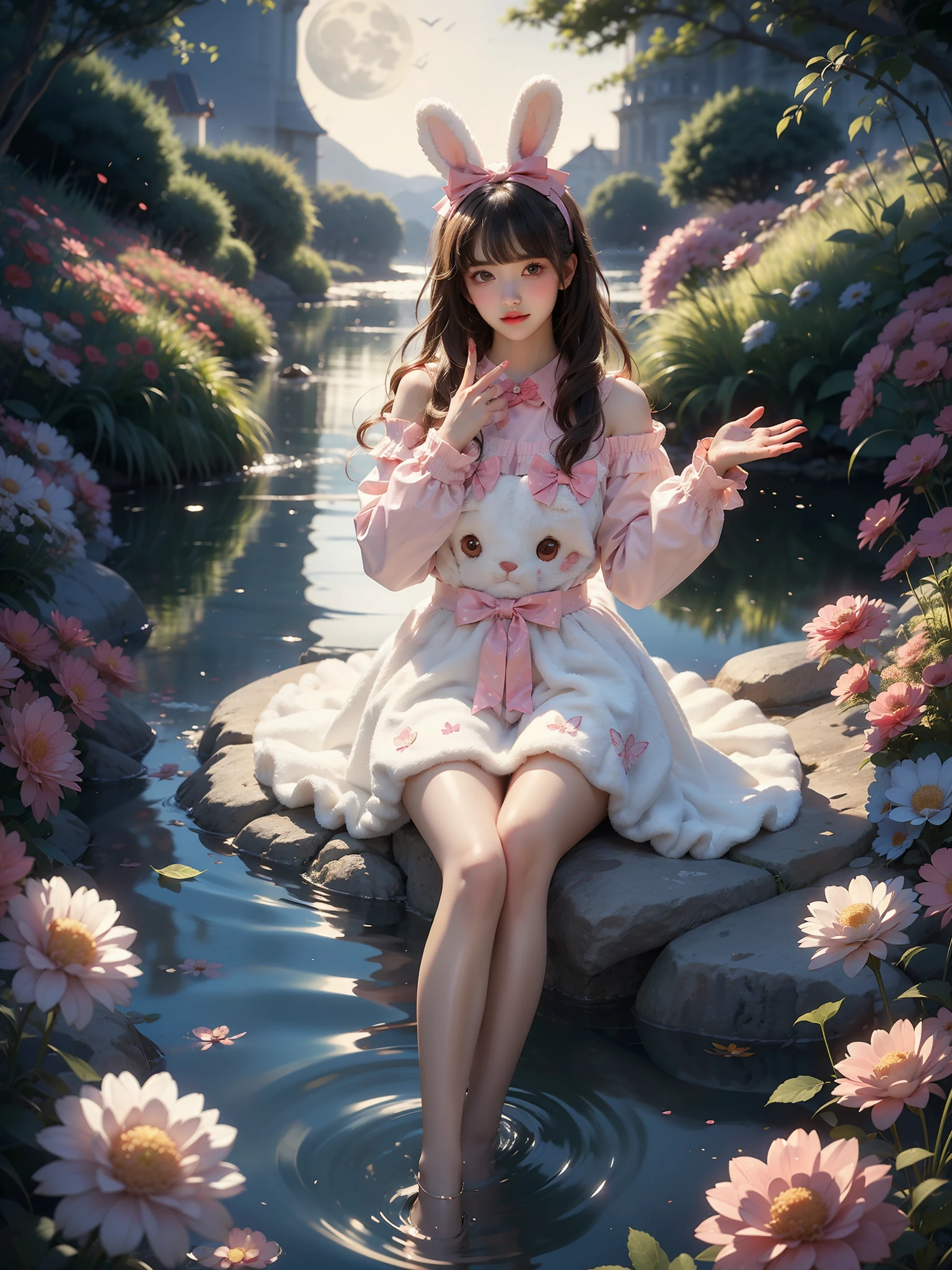 cyb dress,rabbit dress,white dress,rabbit skirt,shirt,animal print shirt,long sleeves,bow,pink bow,rabbit ears,rabbit print  (High quality details), 1 Girl, solo, Young women, Elegant Posture, ((night, moonlight)), (Female figure，Lying in the water naturally，River Water，rock, Relaxed expression), (Focus on natural body posture and correct anatomy:1.3), (Perfect leg proportions:1.3)，(True and accurate leg shape:1.2), ((Natural leg position)), The skirt is very short, One hand stroked the hem of the skirt, Lift the hem of your skirt, Bare shoulders, Natural posture, Soft expression, Exquisite makeup, Soft blush, Bright Eyes, Soft lips, Flower fairy style, ((Anatomically accurate)), (Real natural legs), Smooth skin, Soft lighting, high resolution, 8K Ultra HD, Clear focus, Professional photography effects, Random elegant scenes, Multi-angle shooting