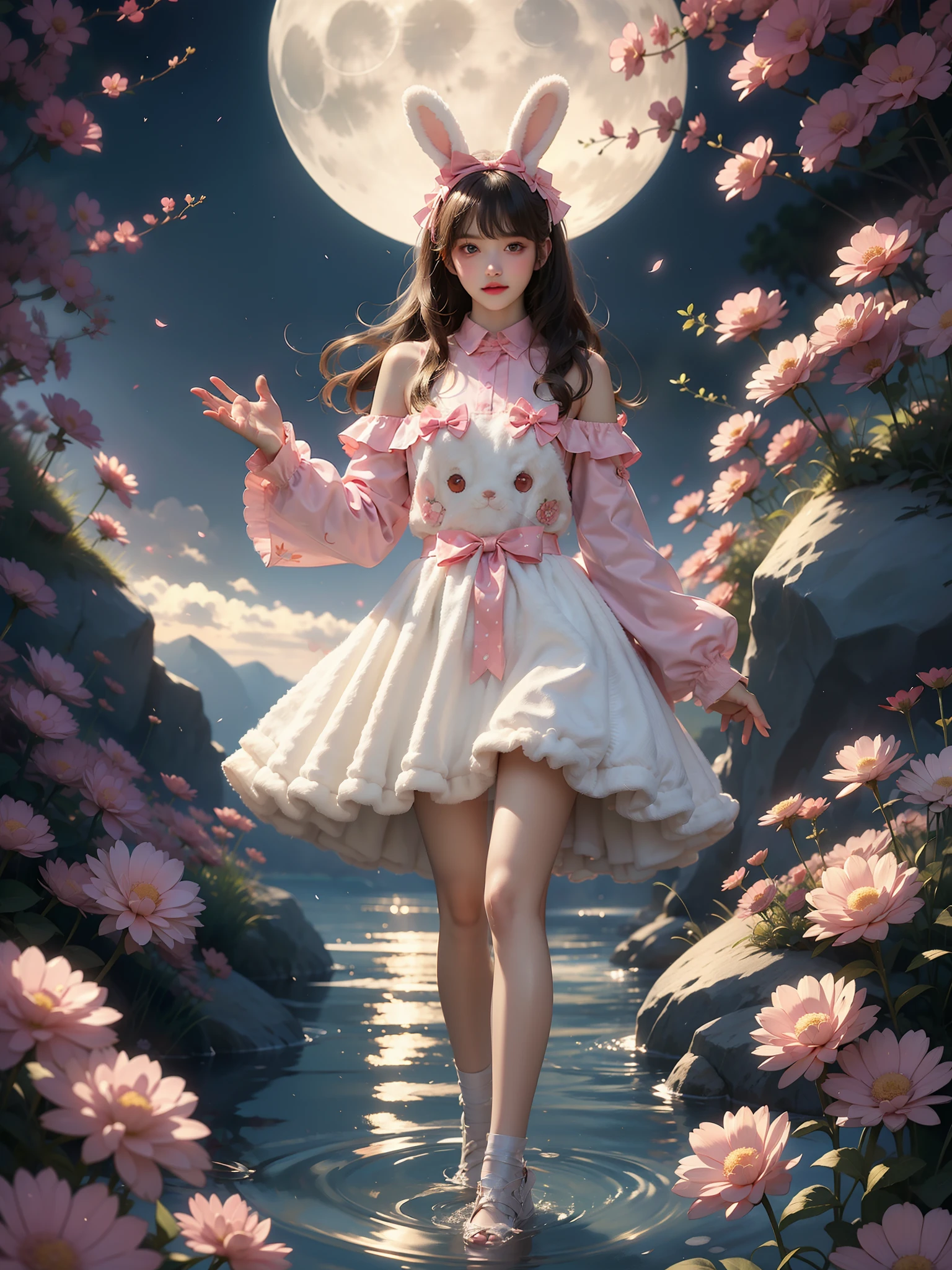 cyb dress,rabbit dress,white dress,rabbit skirt,shirt,animal print shirt,long sleeves,bow,pink bow,rabbit ears,rabbit print (High quality details), 1 Girl, solo, Young women, Elegant Posture, ((night, moonlight)), (Female figure,Lying in the water naturally,River Water,rock, Relaxed expression), (Focus on natural body posture and correct anatomy:1.3), (Perfect leg proportions:1.3),(True and accurate leg shape:1.2), ((Natural leg position)), The skirt is very short, One hand stroked the hem of the skirt, Lift the hem of your skirt, Bare shoulders, Natural posture, Soft expression, Exquisite makeup, Soft blush, Bright Eyes, Soft lips, Flower fairy style, ((Anatomically accurate)), (Real natural legs), Smooth skin, Soft lighting, high resolution, 8K Ultra HD, Clear focus, Professional photography effects, Random elegant scenes, Multi-angle shooting