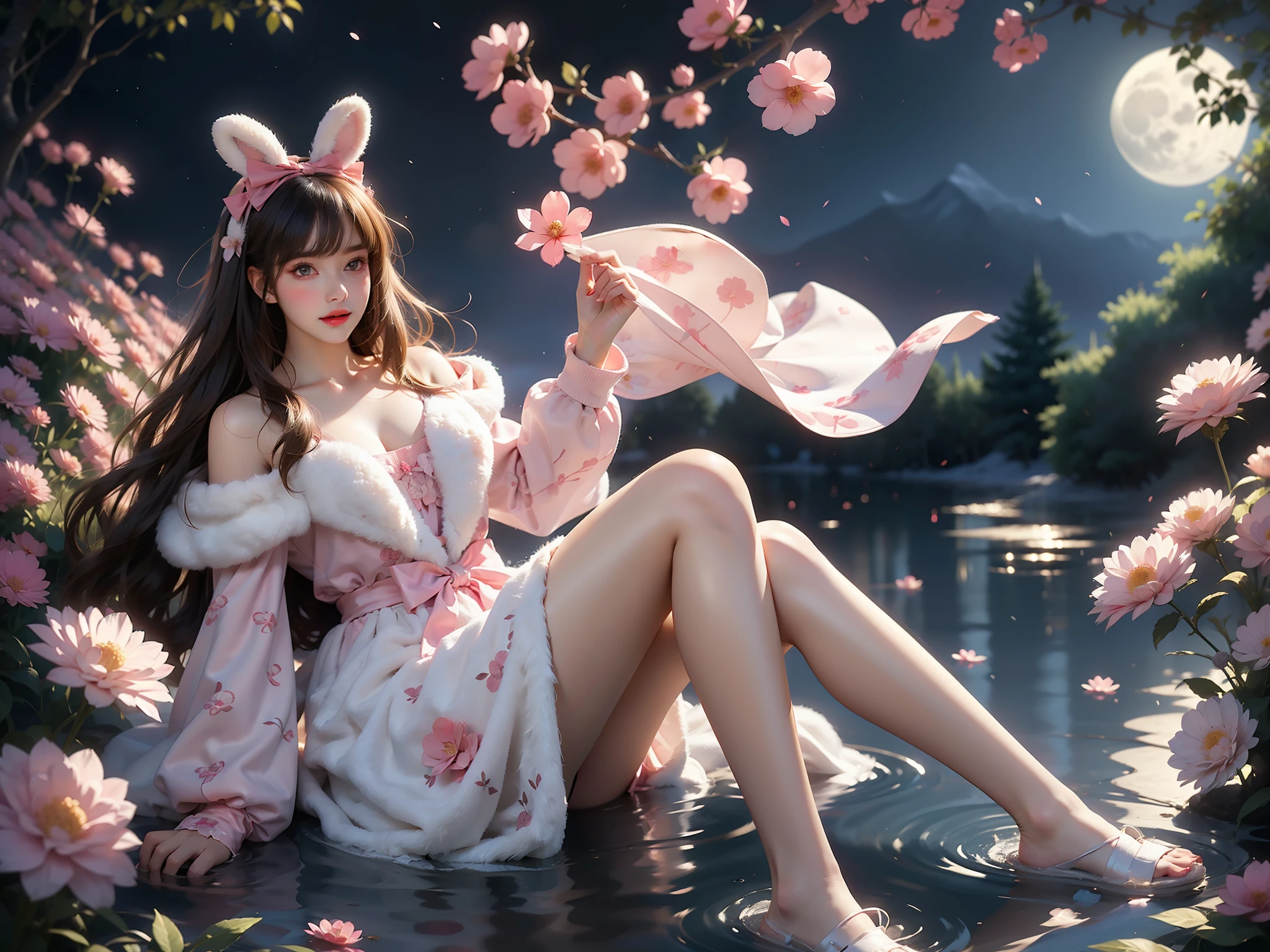 cyb dress,rabbit dress,white dress,rabbit skirt,shirt,animal print shirt,long sleeves,bow,pink bow,rabbit ears,rabbit print  (High quality details), 1 Girl, solo, Young women, Elegant Posture, ((night, moonlight)), (Female figure，Lying in the water naturally，River Water，rock, Relaxed expression), (Focus on natural body posture and correct anatomy:1.3), (Perfect leg proportions:1.3)，(True and accurate leg shape:1.2), ((Natural leg position)), The skirt is very short, One hand stroked the hem of the skirt, Lift the hem of your skirt, Bare shoulders, Natural posture, Soft expression, Exquisite makeup, Soft blush, Bright Eyes, Soft lips, Flower fairy style, ((Anatomically accurate)), (Real natural legs), Smooth skin, Soft lighting, high resolution, 8K Ultra HD, Clear focus, Professional photography effects, Random elegant scenes, Multi-angle shooting