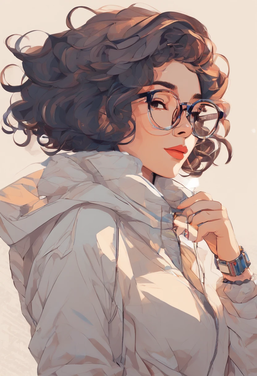 nude, 1 arabic girl, rounded glasses, big glasses, smiling, short messy hair, rounded eyes, dynamic pose, full body, big breasts