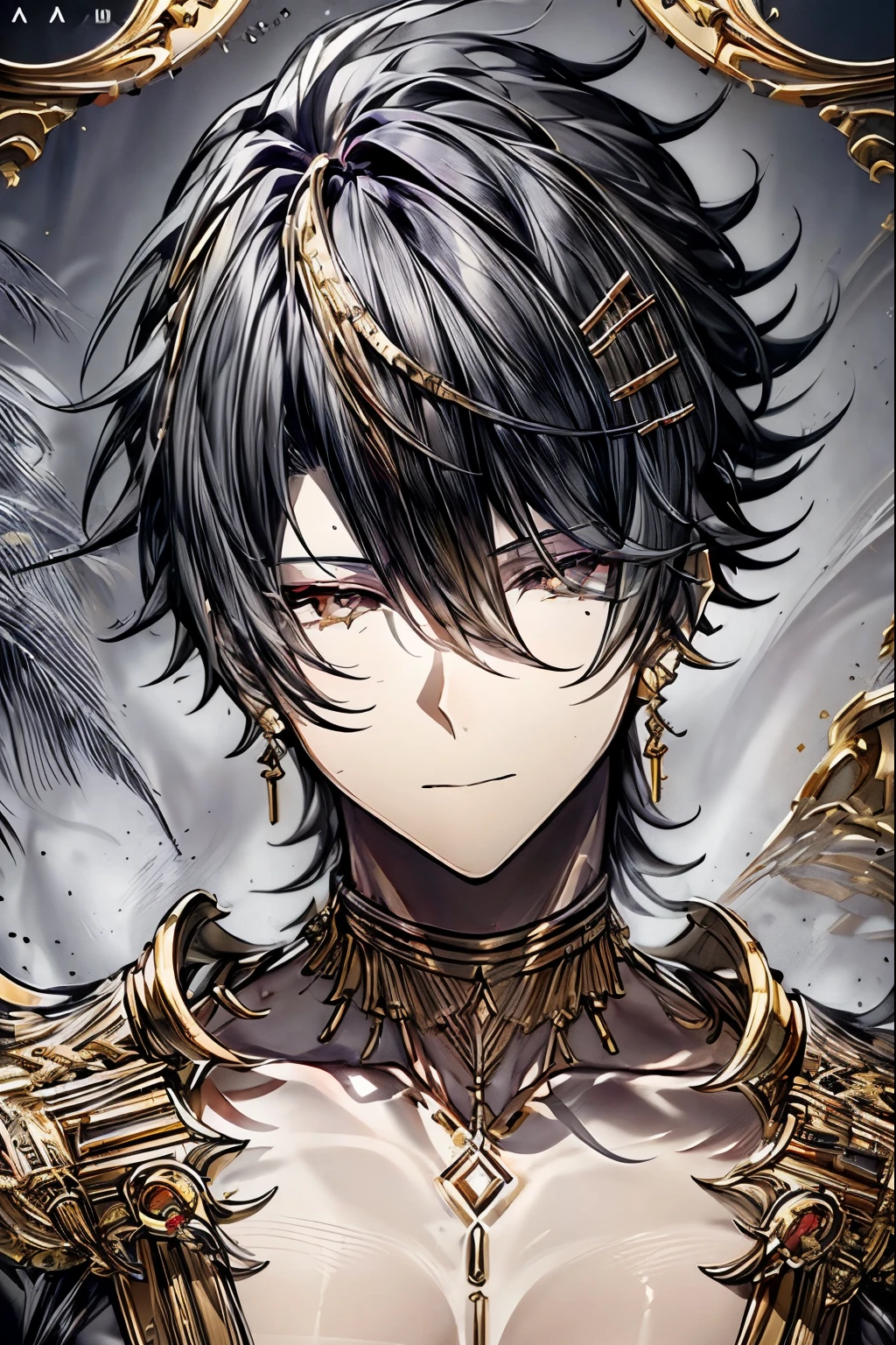 (masterpiece, best quality, perfect face, expressive eyes), 1boy, (male), black hair, yellow eyes, (tan skin), shirtless, gold jewelry, gold earrings, gold rings, gold bracelets, intricate details, detailed, adult, fantasy, cinematic lighting, dramatic shadows, vibrant colors, digital painting, concept art