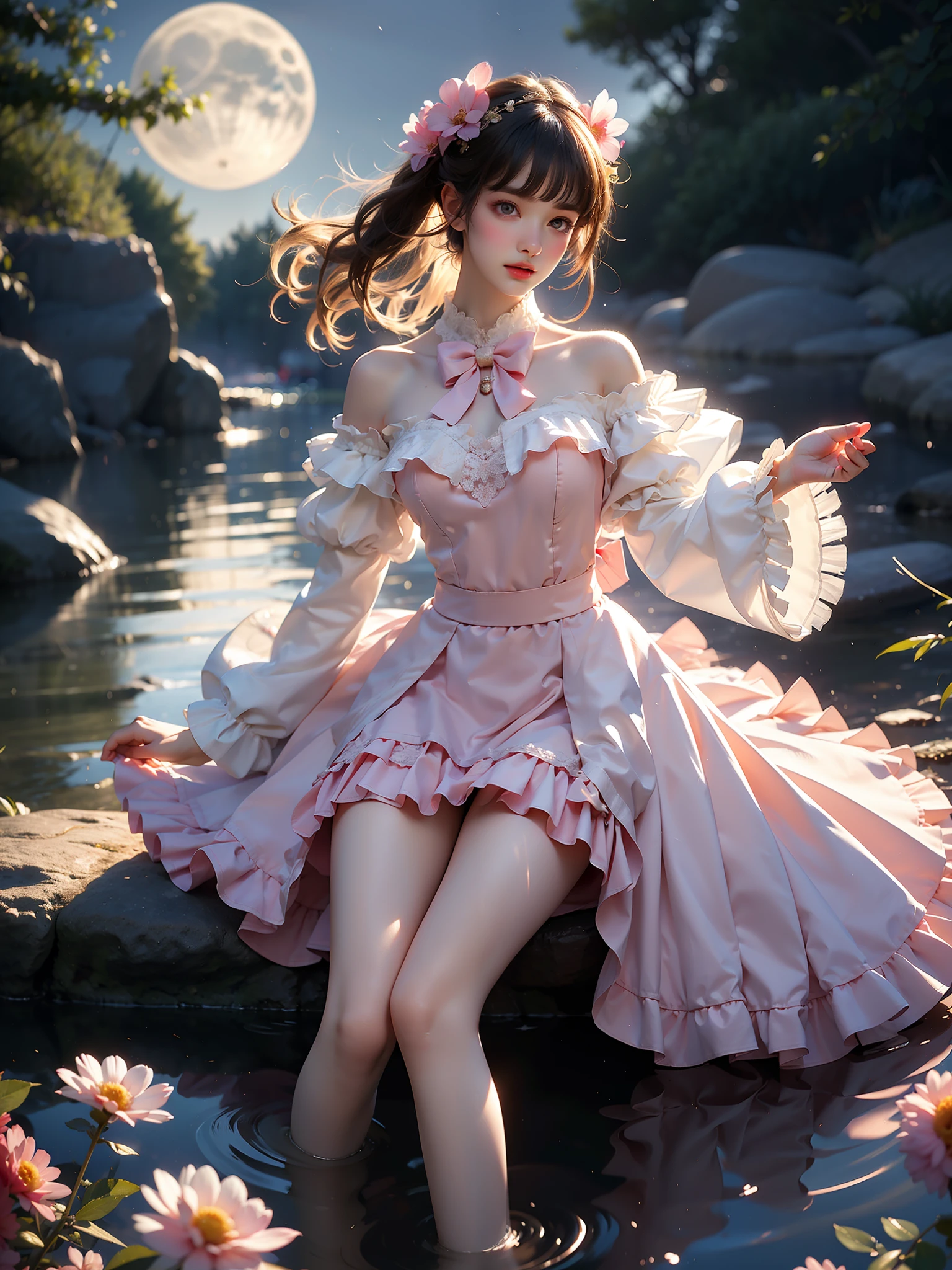 cyb dress, long sleeves, puffy long sleeves, bow
pink dress (High quality details), 1 Girl, solo, Young women, Elegant Posture, ((night, moonlight)), (Female figure,Lying in the water naturally,River Water,rock, Relaxed expression), (Focus on natural body posture and correct anatomy:1.3), (Perfect leg proportions:1.3),(True and accurate leg shape:1.2), ((Natural leg position)), The skirt is very short, One hand stroked the hem of the skirt, Lift the hem of your skirt, Bare shoulders, Natural posture, Soft expression, Exquisite makeup, Soft blush, Bright Eyes, Soft lips, Flower fairy style, ((Anatomically accurate)), (Real natural legs), Smooth skin, Soft lighting, high resolution, 8K Ultra HD, Clear focus, Professional photography effects, Random elegant scenes, Multi-angle shooting
