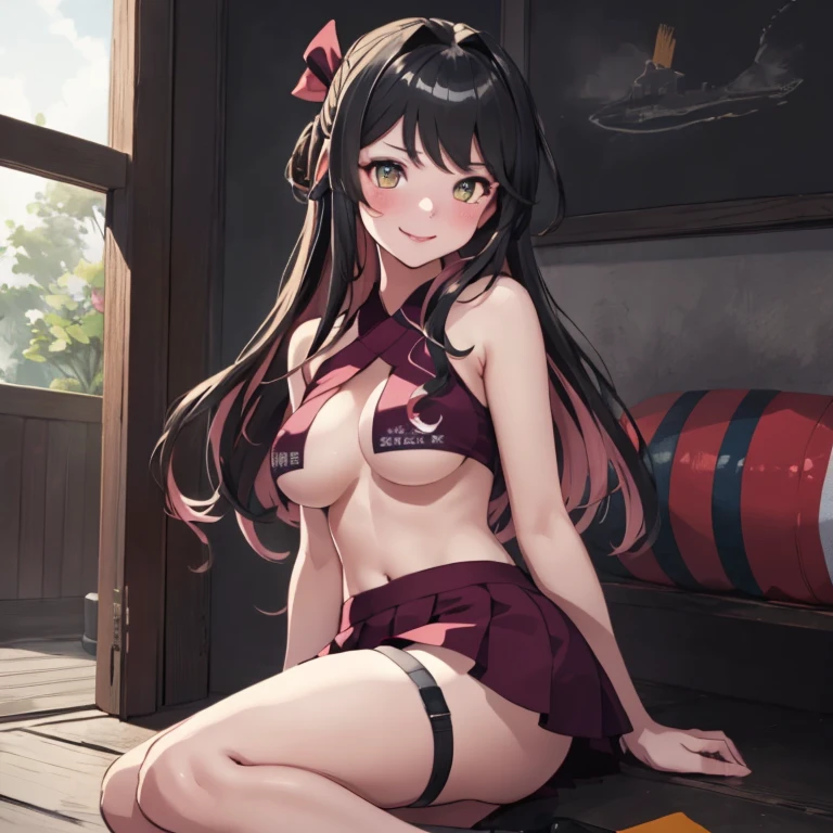 naganami, hair ribbon,
 (masterpiece:1.4),(best quality:1.4), (premium:1.4), (great illustration:1.4), (ultradetailed:1.4),(art CG, 8K),(1girl,solo:1.4),full body, 
,smile,blush, Cheerleader,underboob,
