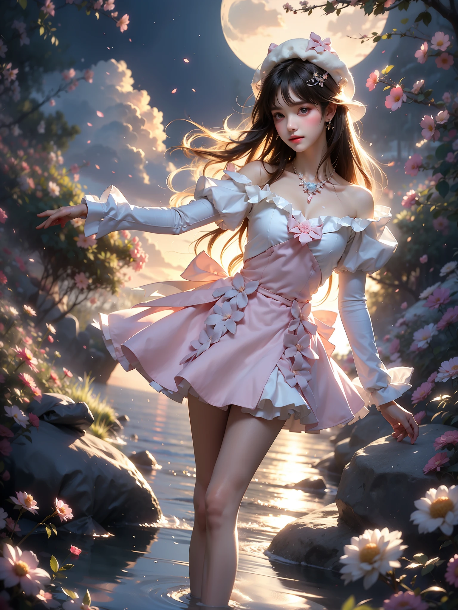 cyb dress, pink dress, dress, pom pom, bow, long sleeves, puffy sleeves, hat (High quality details), 1 Girl, solo, Young women, Elegant Posture, ((night, moonlight)), (Female figure,Lying in the water naturally,River Water,rock, Relaxed expression), (Focus on natural body posture and correct anatomy:1.3), (Perfect leg proportions:1.3),(True and accurate leg shape:1.2), ((Natural leg position)), The skirt is very short, One hand stroked the hem of the skirt, Lift the hem of your skirt, Bare shoulders, Natural posture, Soft expression, Exquisite makeup, Soft blush, Bright Eyes, Soft lips, Flower fairy style, ((Anatomically accurate)), (Real natural legs), Smooth skin, Soft lighting, high resolution, 8K Ultra HD, Clear focus, Professional photography effects, Random elegant scenes, Multi-angle shooting