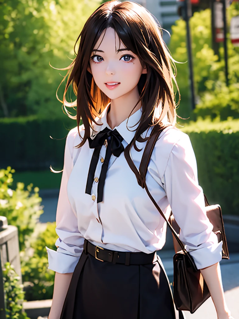 High resolution, 8k, Highest quality, detailed, Semi-realistic anime, 3D anime style, Smooth anime CG, One Girl, 20 year old Japanese woman, slim, Modeled, Shiny brown hair, detailedな顔, Beautiful and detailed, Glowing Skin, Hard Focus、Film Grain, Soft lighting, Looking towards the audience, Laughter, Woman in her 30s,office casual style,White blouse,Black belt,Long Skirt,pumps,Shoulder bag