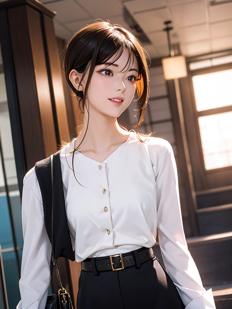 High resolution, 8k, Highest quality, detailed, Semi-realistic anime, 3D anime style, Smooth anime CG, One Girl, 20 year old Japanese woman, slim, Modeled, Shiny brown hair, detailedな顔, Beautiful and detailed, Glowing Skin, Hard Focus、Film Grain, Soft lighting, Looking towards the audience, Laughter, Woman in her 30s,office casual style,White blouse,Black belt,Long Skirt,pumps,Shoulder bag