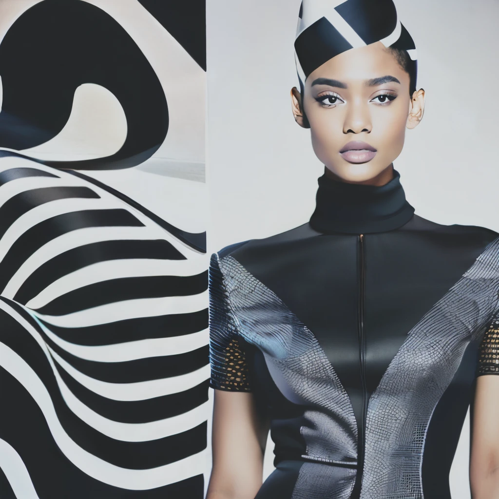 Op art fashion, Black and White, Optical illusion, Contoured curves、Mimicking fashion models