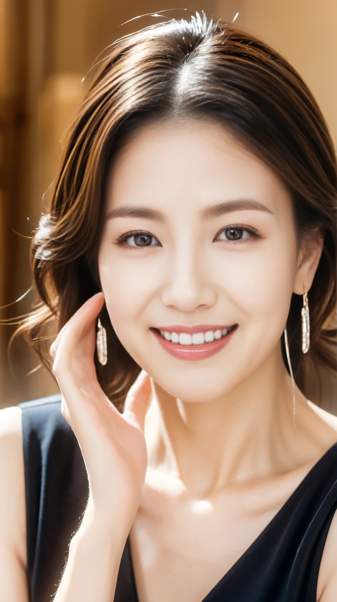 Highest quality,masterpiece,Ultra-high resolution,45Japanese Granny,beautiful,The best smile,Slim figure,gorgeous black dress,Flashy makeup using red eyeshadow,High heels,Curly Hair,big ring earrings,beautifulネックレス,