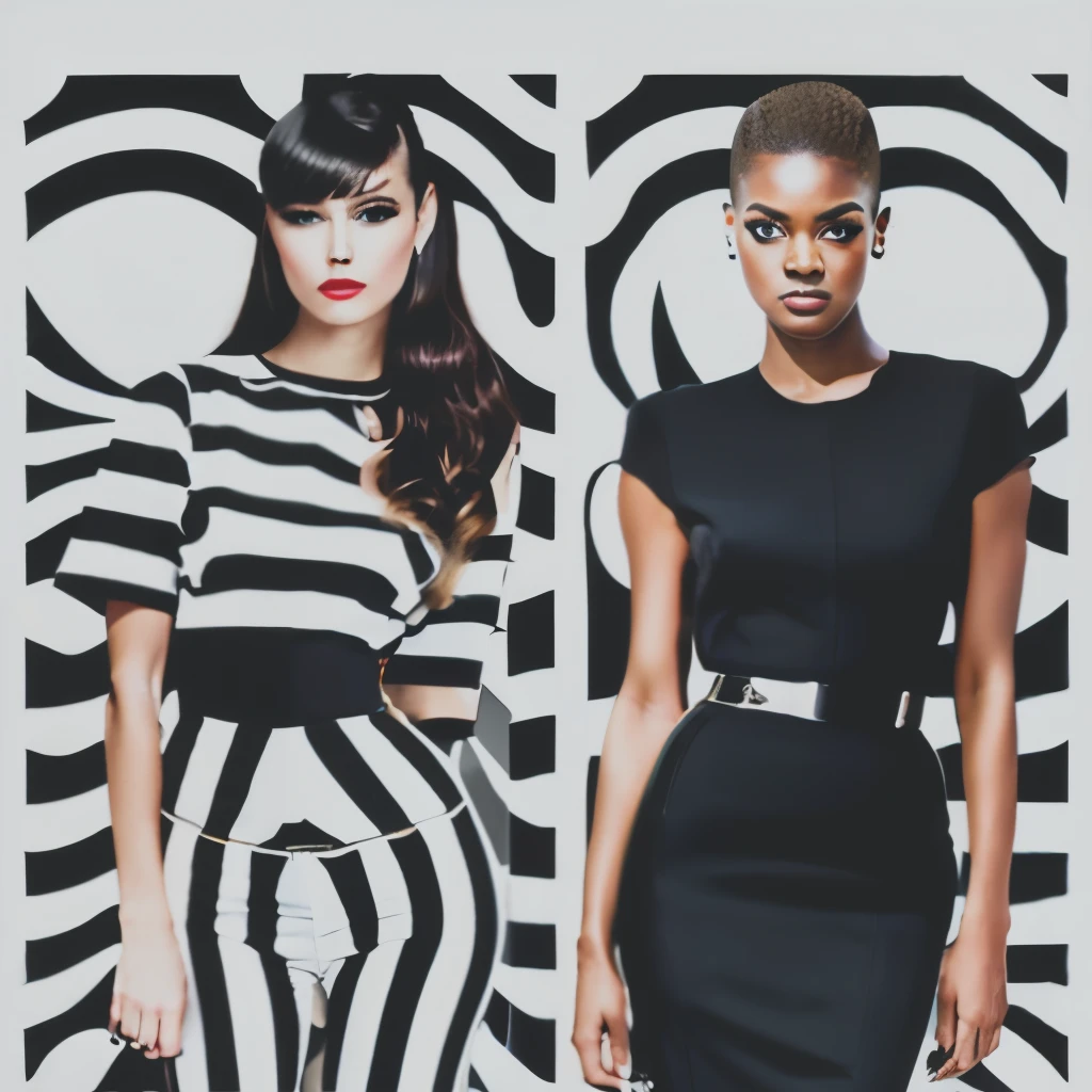 Op art fashion, Black and White, Optical illusion, Contoured curves、Fashion models with the same pattern