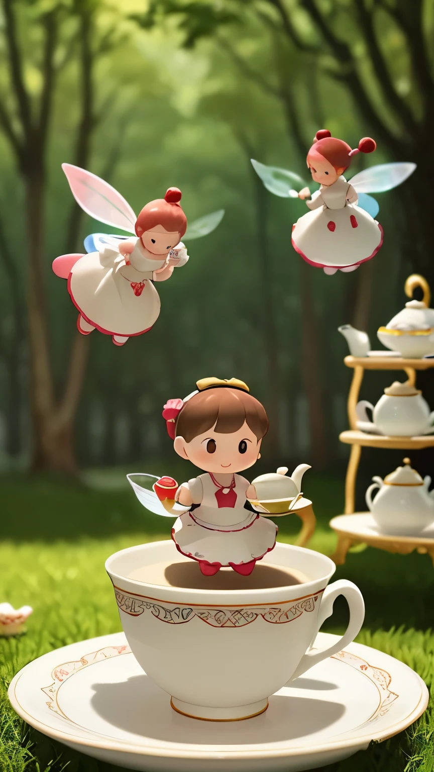 A cute girl in a red and white maid outfit、Dancing with teacups and pots、In the background, a fairy tale world unfolds, with teapots, teacups and cakes flying through the air in the forest.