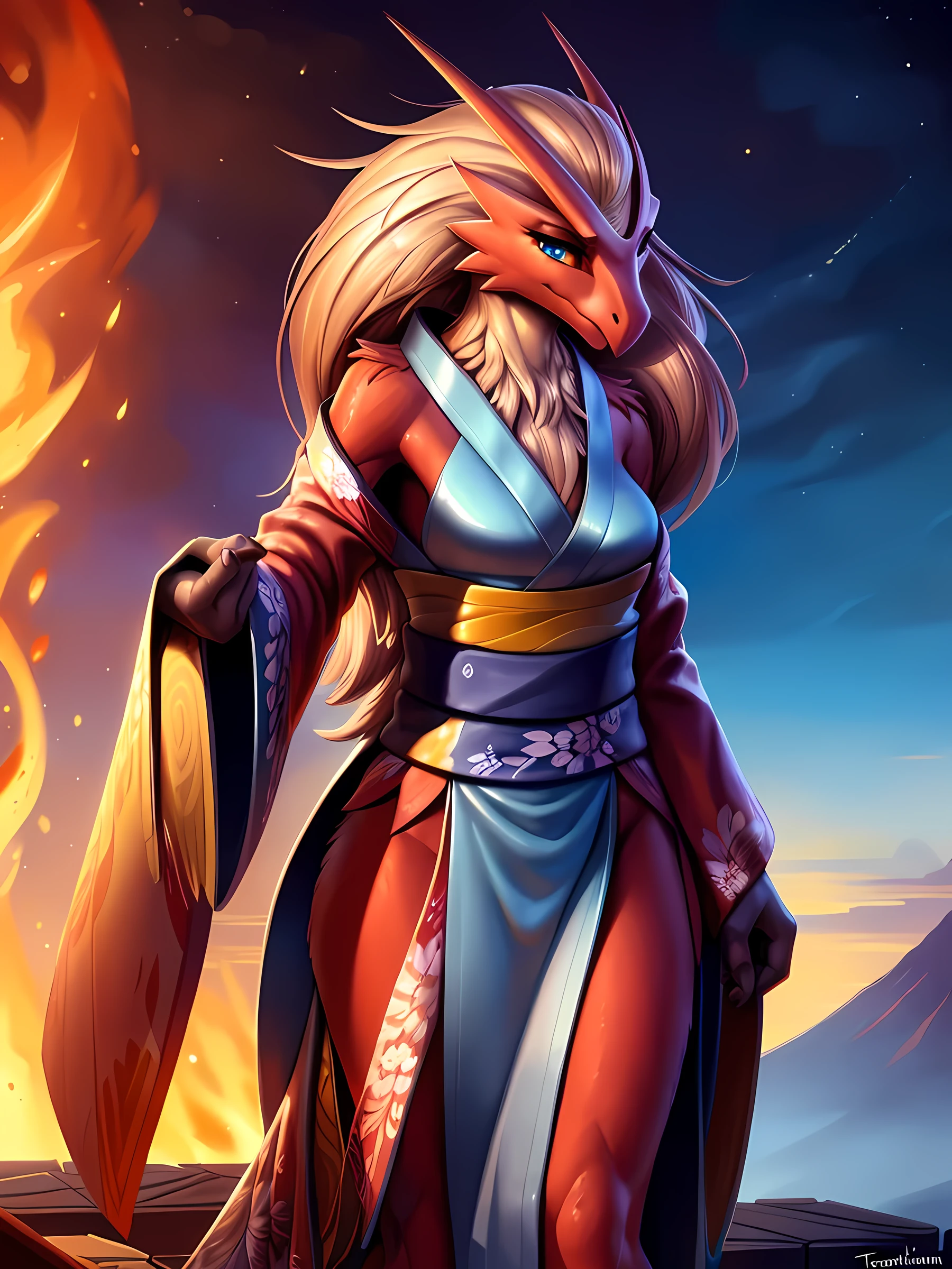 uploaded on e621, ((Blaziken)) by Pixelsketcher, by Bayard Wu, by Thomas Benjamin Kennington , by Einshelm, anthro, ((portrait, face focus, close-up)), BREAK, ((kimono:1.2)), wearing a kimono, long flowing kimono, red kimono, fire design on kimono, full body kimono)), (detailed Bonifasko lighting), (detailed feathers), (detailed fur), (female Blaziken), BREAK, ((long flowing hair)), ((facing viewer)), (cinematic lighting), ((detailed background)), ((upper body portrait view)), (((portrair view))), (half body shadow), [backlighting], [crepuscular ray], [detailed ambient light], [gray natural lighting], [ambient light on the belly], (higher wildlife feral detail), [sharp focus], (shaded), ((masterpiece), medium breasts, furry Blaziken, bird face, furry Fantasy Art, furry Art, Commission for High Res, anthro Art, POV furry Art,Sakimichan beautiful, masterpiece, best quality, detailed image, bright colors, detailed face, perfect lighting, perfect shadows, perfect eyes, girl focus, blue eyes, flawless face, face focus, long flowing kimono, bird girl, feathers, feathers woman, large long muzzle, colorful feathers, gaze at the viewer, half-closed eyes, 1girl, full body, (masterpiece:1.21), (best quality:1.2), (illustration:1.2), (cinematic lighting:1.3), detailed fur, balanced coloring, global illumination, ray tracing, good lighting, feathers, anthro, looking at viewer, (standing outside, in volcano, fire and snoke, woman looking at viewer, woman looking at camera, fire in open hands, in a fighting pose, wearing red kimono, close-up photo, face focus