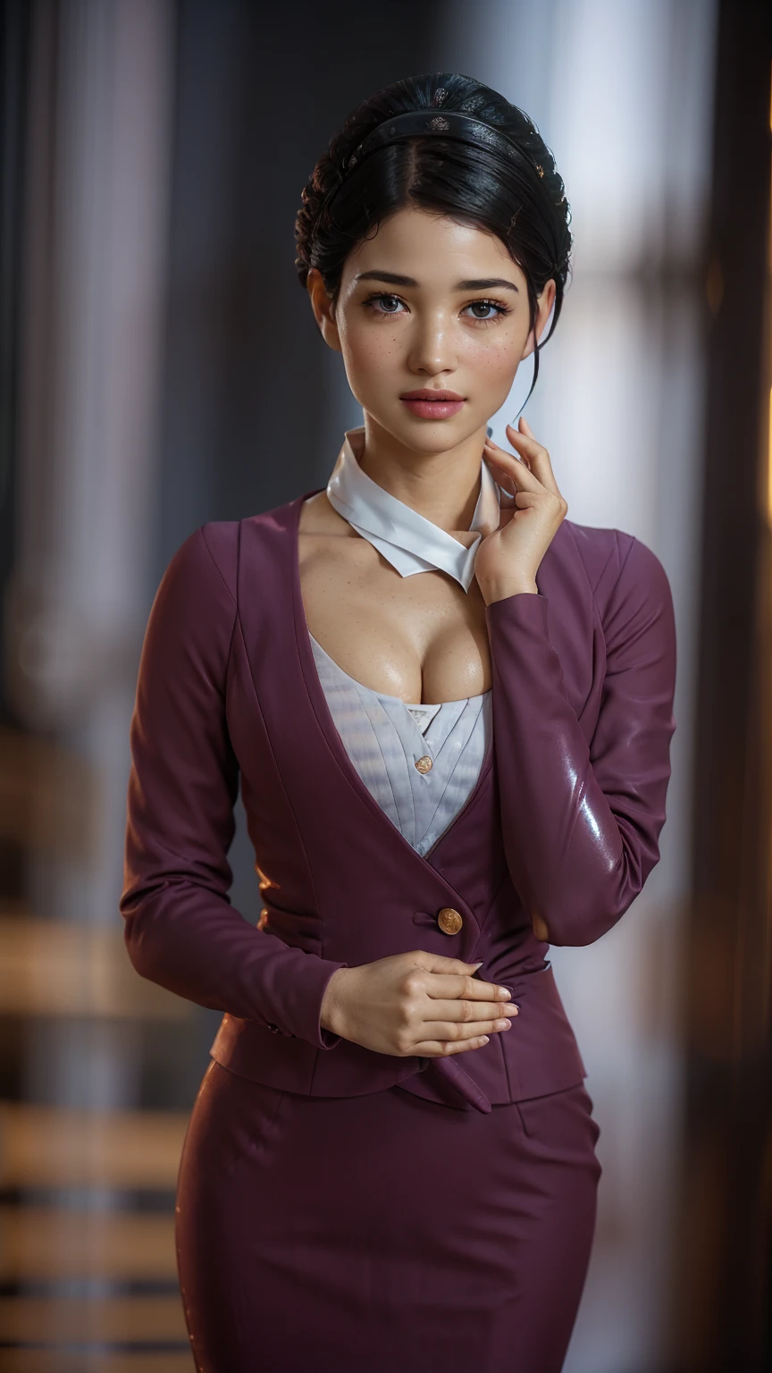 (((ultra realistic))) Photo, masterpiece, top quality, pale skin, (Ultra detailed face and eyes:1.2), , beautiful woman, gloomy atmosphere, Dark background, (Eye makeup, mascara) , ((Dark wavy hair)) , ((Stylish hairstyle)) , Natural breasts, [[Slim waist, slender body]] . ((Posing)) , (body curves), In Lifchik, photoshoot, studio (Contour lighting), (The play of light and shadows), depth of field, bokeh, (special attention to skin detail: 1.2), Detailed texture, skin pores, ((Dark and gloomy atmosphere frame. color scheme - freckles on face, )), (Film grain, VHS effect), (shine) , ((deep blue eyes)) , ((close-up portrait, close to the camera)) , ultra detialed,  ((Huge perky breasts, cleavage 1.8, deep cleavage, thick thighs))(freckles 0.8, freckles on breasts, freckles on face)((long curly Black hair, ((deep detailed eyes, shiny skin, oily body)) smiling , curly hair, ((full body)) ((beautiful oily shoulder, neck))((, , erotic look, chin up, open mouth, seductive look,))((air hostess, beautiful flight attendant))((red flight attendant uniform))((inside airplane)) ((white shirt, red skirt))(( (standing, sexy figure, hands behind , bend over bending)