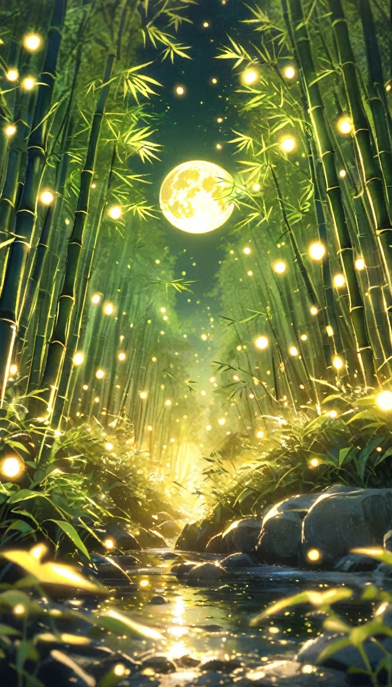 Christmas Eve, Quiet bamboo forest, Bamboo leaves fall with the wind, full moon in sky, Fireflies fly