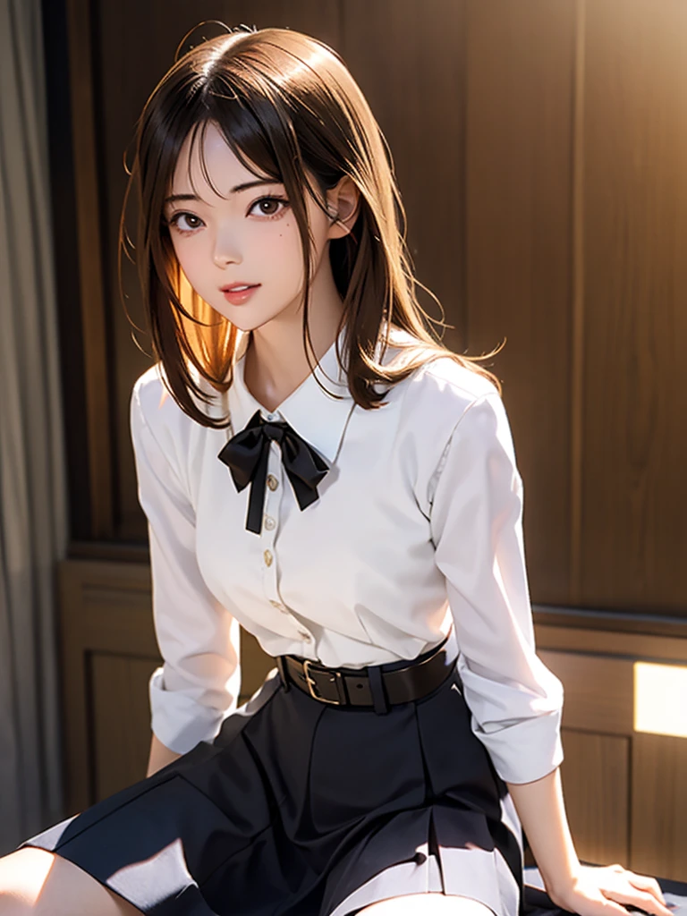 High resolution, 8k, Highest quality, detailed, Semi-realistic anime, 3D anime style, Smooth anime CG, One Girl, 20 year old Japanese woman, slim, Modeled, Shiny brown hair, detailedな顔, Beautiful and detailed, Glowing Skin, Hard Focus、Film Grain, Soft lighting, Looking towards the audience, Laughter, Woman in her 30s,office casual style,White blouse,Black belt,Long Skirt,pumps,Shoulder bag